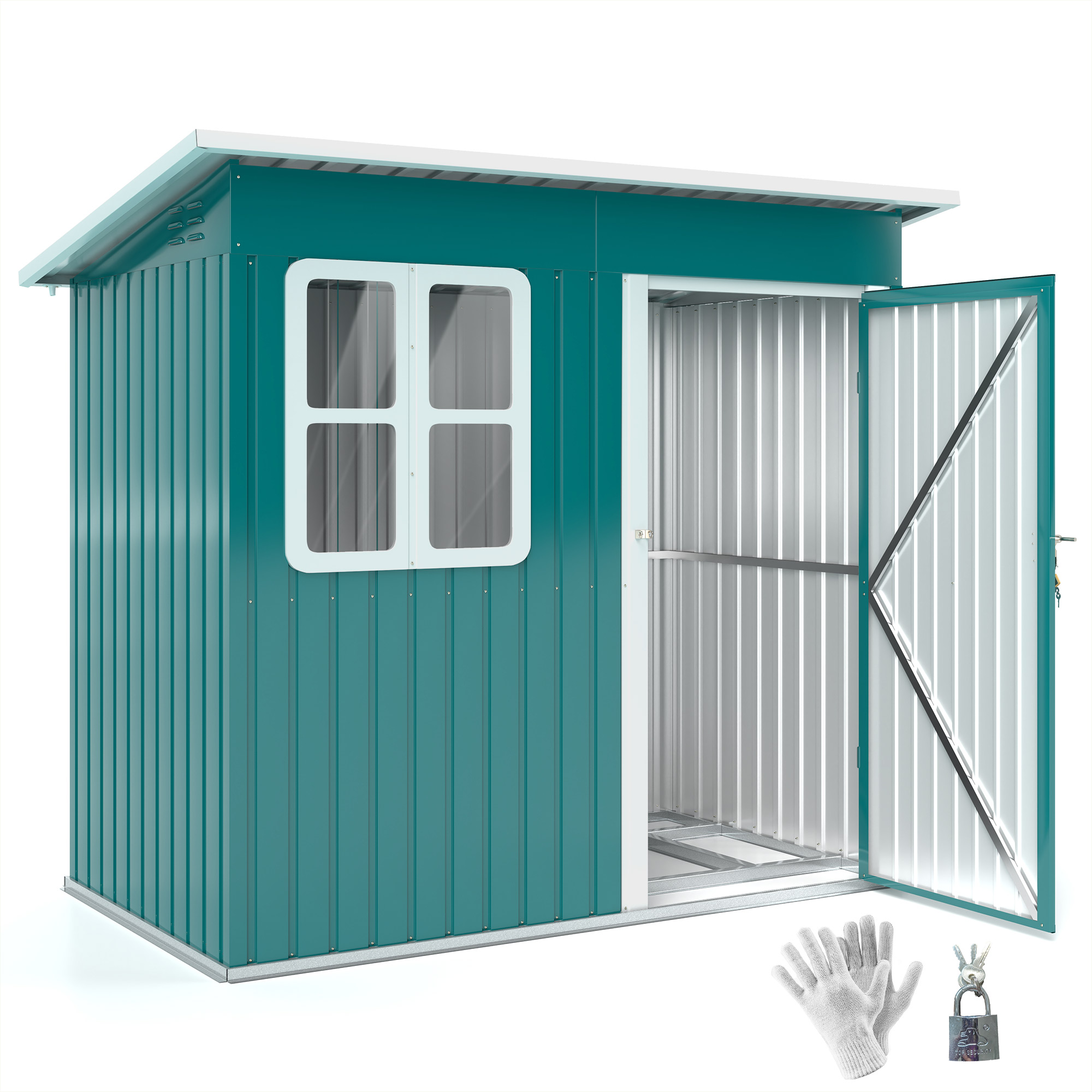 SUNVISTA 7 x 4ft Galvanised Steel Garden Shed, with Lock and Gloves - Green - Life Essentials