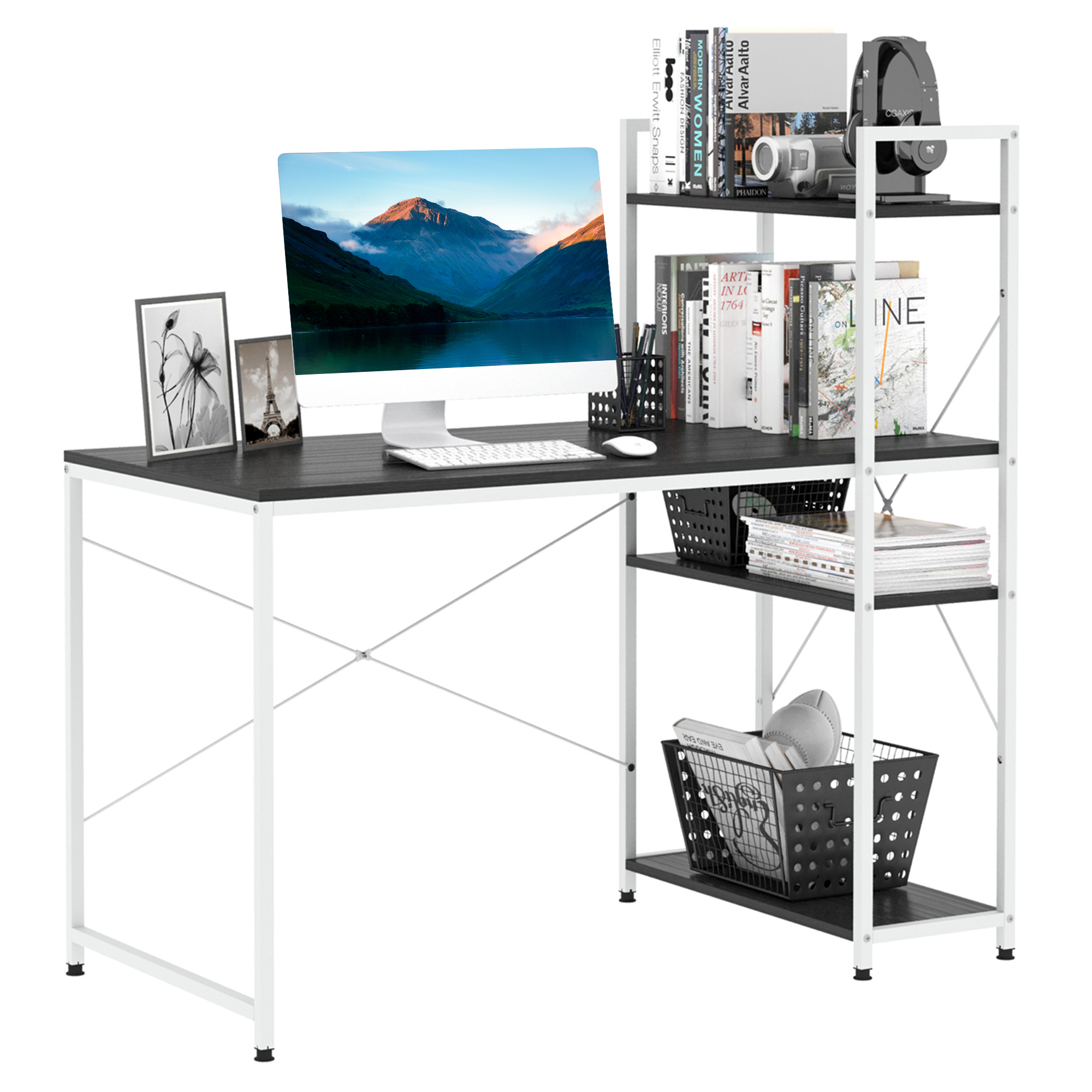 Computer Desk PC Table Study Workstation Home Office with 4-tier Bookshelf Storage Metal Frame Wooden Top (Black & White) - Life Essentials