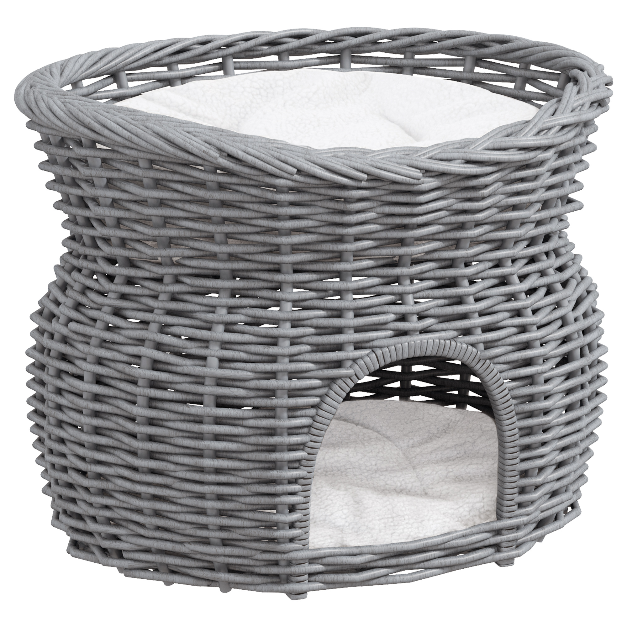 2-Tier Wicker Cat House Elevated Pet Bed Basket Willow Kitten Tower Pet Den. with Washable Cushions 56x37x40cm Grey - Life Essentials