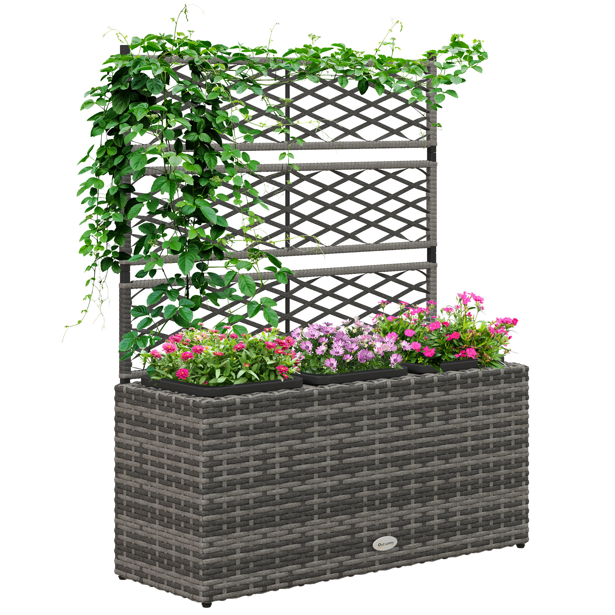 33L Garden PE Rattan Planter w/ Trellis, Free Standing Flower Raised Bed, Garden Planter for Climbing Plants, 84 x 30 x 107cm, Light Grey - Life 
