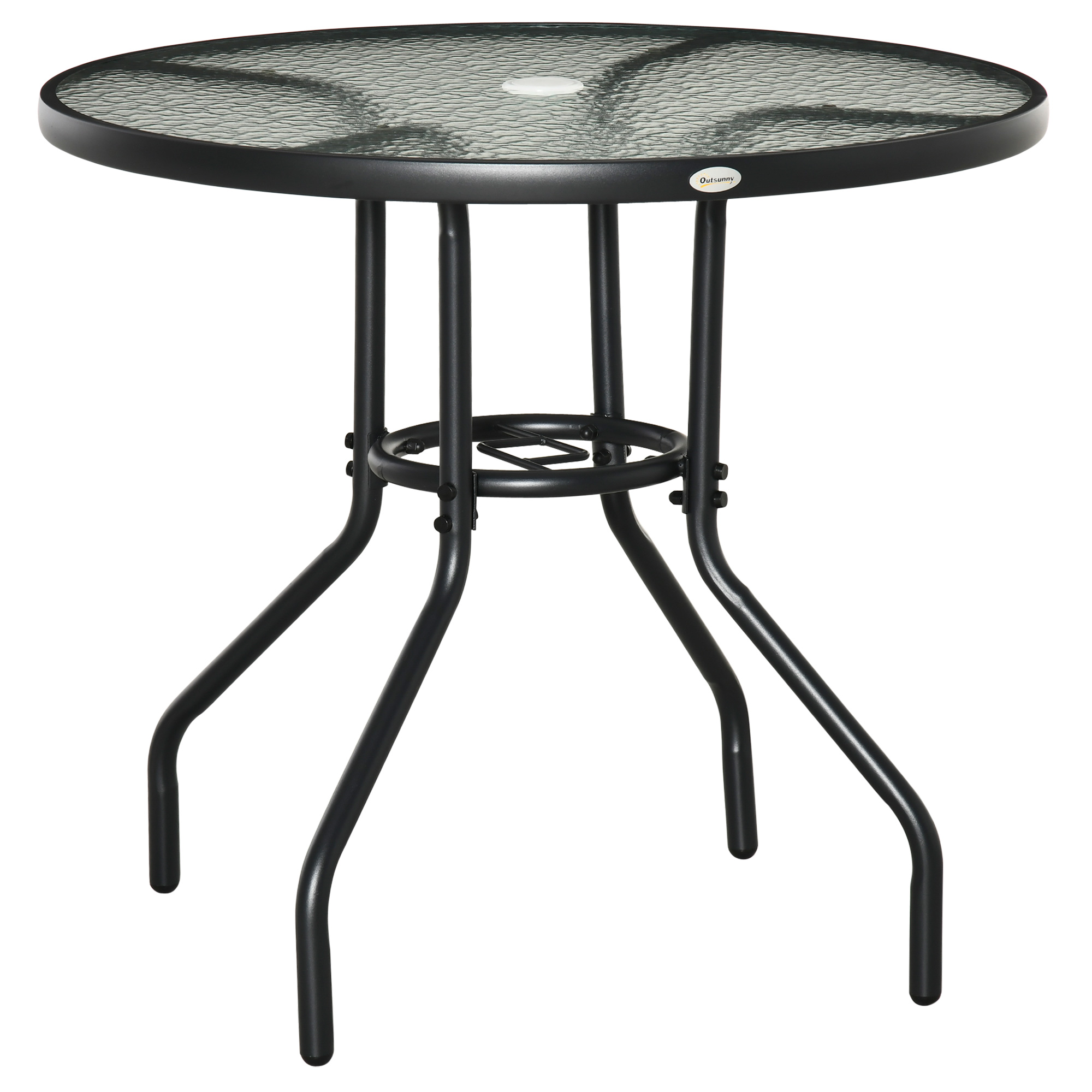 Outdoor Round Dining Table Tempered Glass Top Steel Garden Table w/ Parasol Hole 80cm - Life Essentials