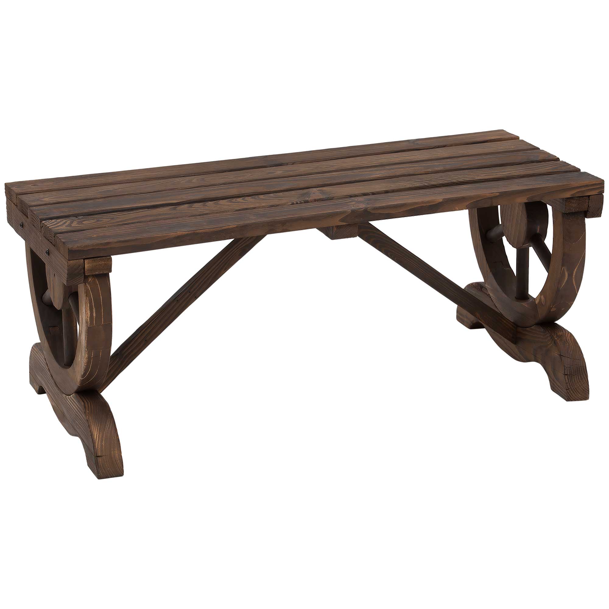 Garden Rustic Wooden Bench Wheel-Shaped Legs Slatted Seats Stable Reinforced Structure Outdoor Patio Garden 2-Person Bench Seat - Brown - Life 