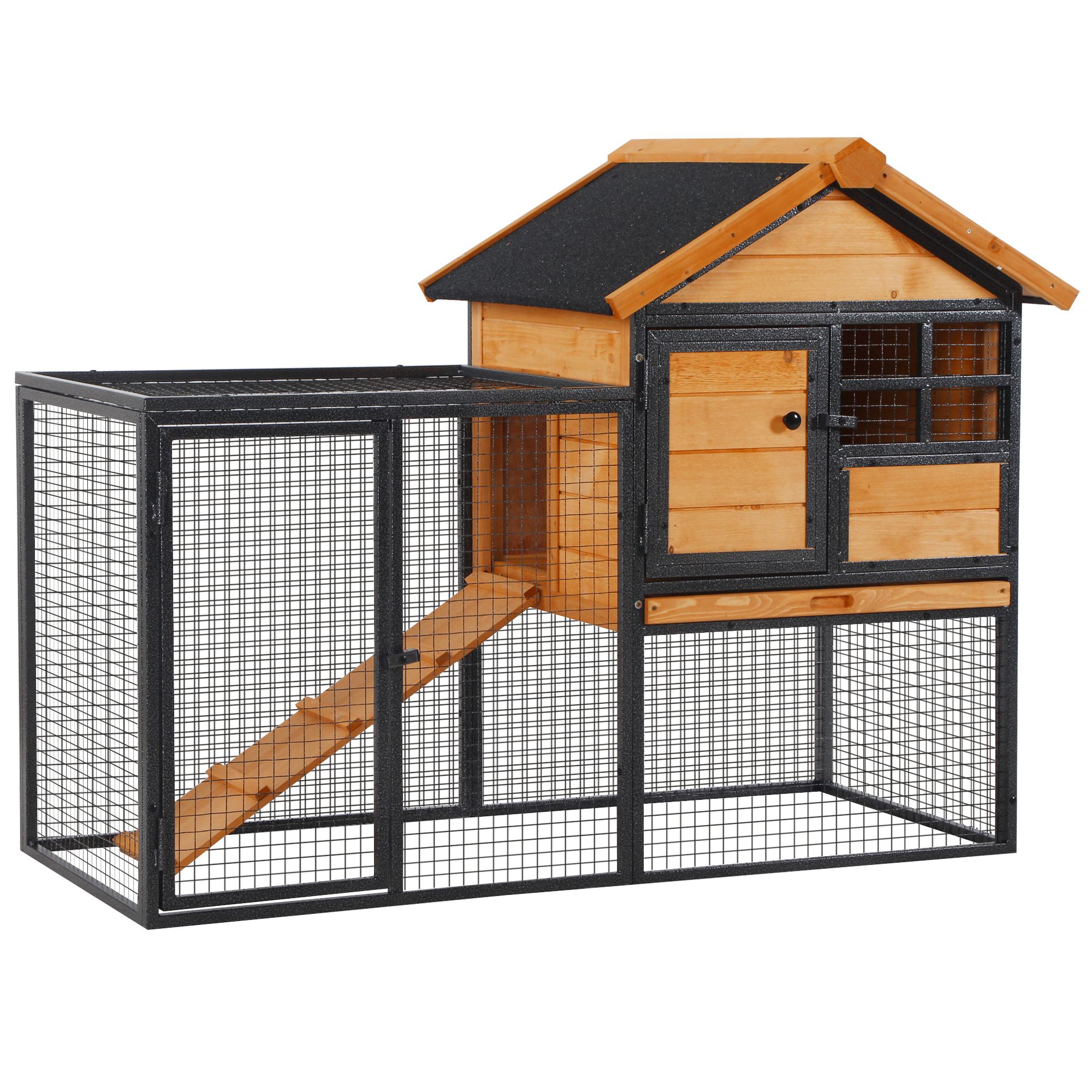 Wood Metal Rabbit Hutch Elevated Rabbit Cage with Slide Out Tray - Light Yellow, Black - Life Essentials
