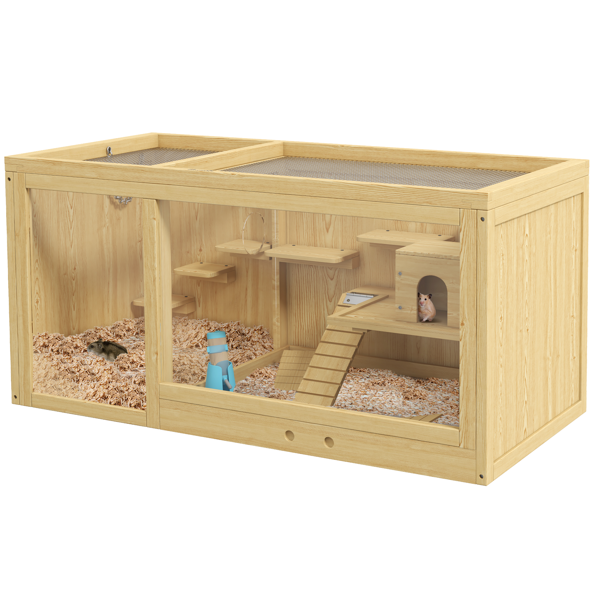 PAWSTER Wooden Hamster Cage with Water Bottle, Platforms, Openable Roof, Sliding Tray, Hut, Seesaws, Natural Wood Finish - Life Essentials