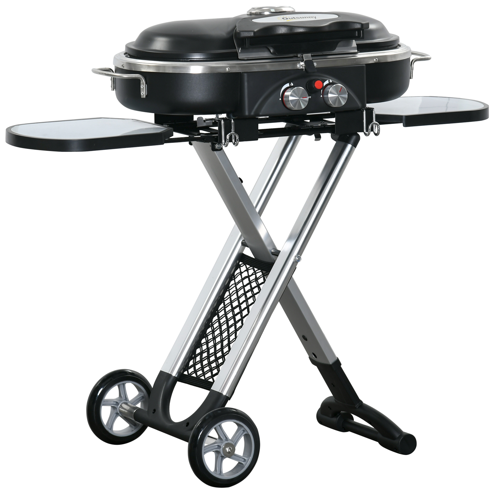 Foldable Gas BBQ Grill 2 Burner Garden Barbecue Trolley w/ Lid Side Shelves Storage Pocket Piezo Ignition Thermometer, Aluminium Alloy - Life 