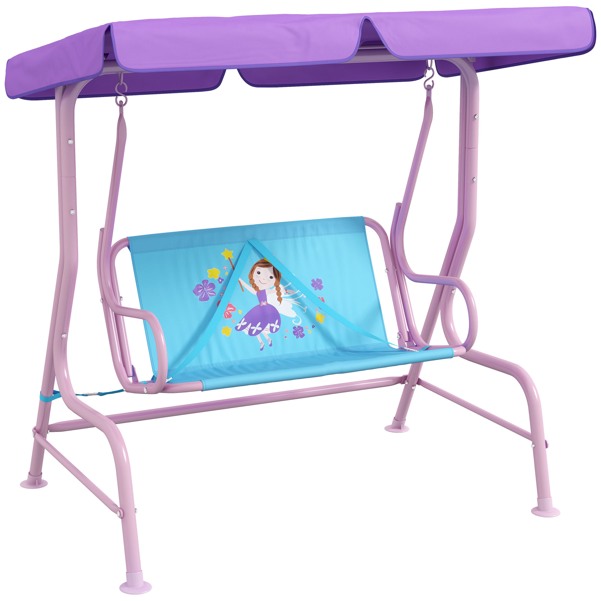 2 Seater Kids Garden Swing Fairy Themed Kids Swing Chair with Adjustable Canopy, Safety Belts for Park Porch Poolside - Life Essentials