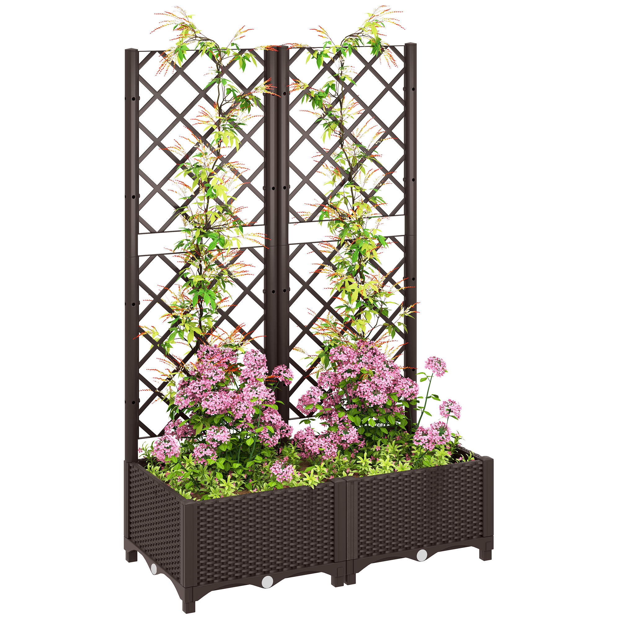 SUNVISTA Raised Garden Bed with Trellis, Plastic Planter Box with Drainage Holes and Drain Plugs for Climbing Plants, Vegetables, Flowers, Brown - 