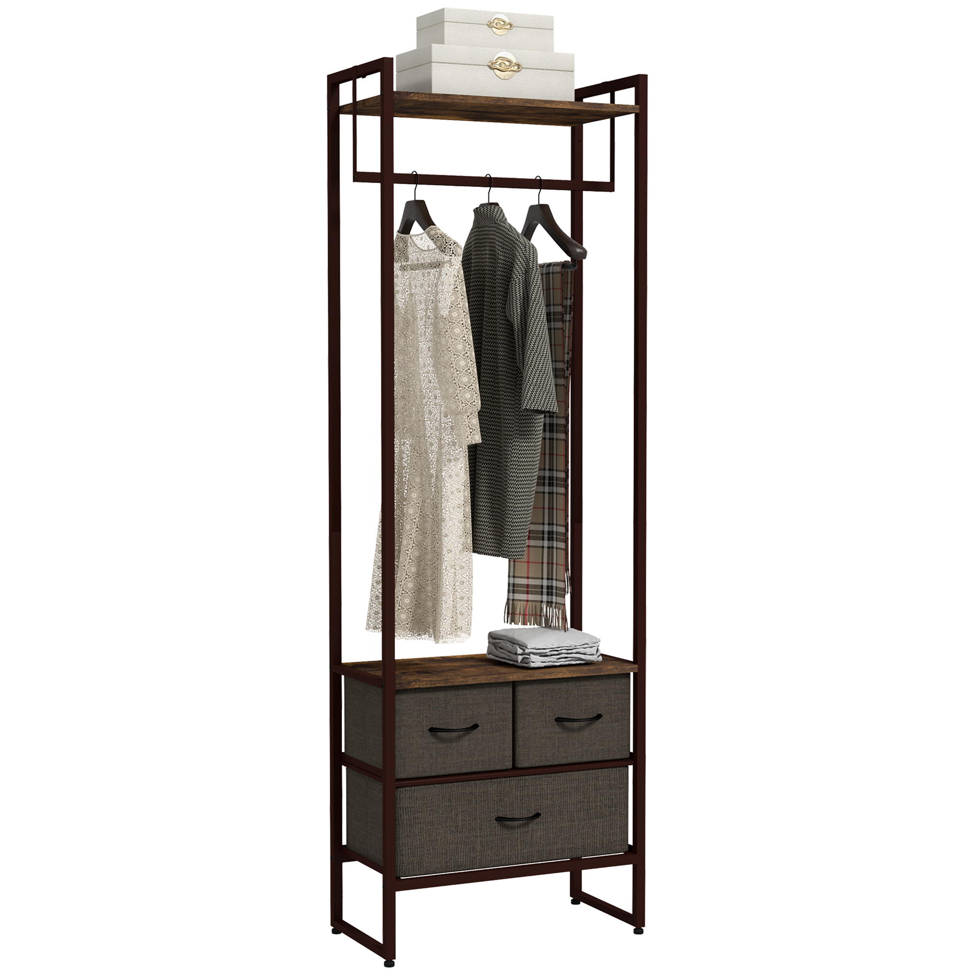 Free Standing Clothes Rail with 3 Fabric Drawers and Storage Shelves, Garment Rack, Hanging Rail for Hallway, Rustic - Life Essentials