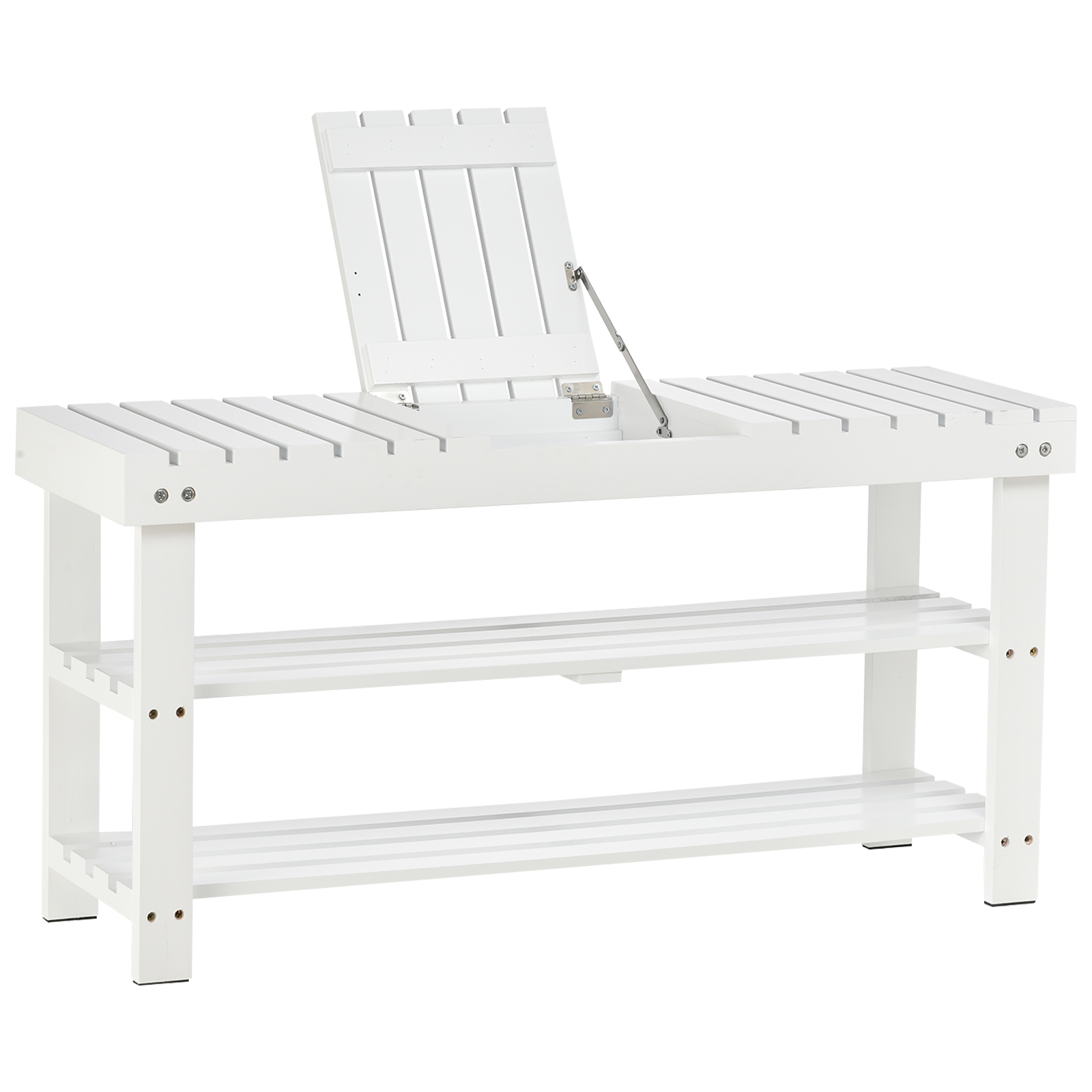 Shoe Bench, 3-Tier Wooden Shoe Rack with Hidden Storage Compartment, Slatted Shelves, Home Storage Unit, Hallway Furniture, White - Life Essentials
