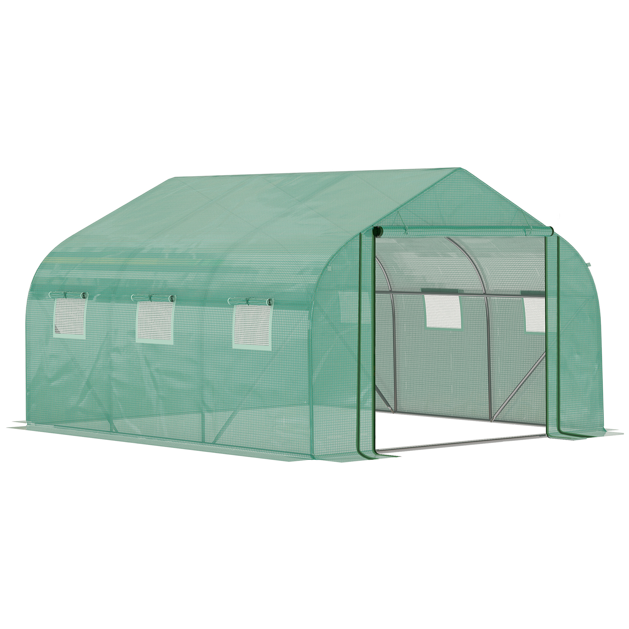 Walk-in Polytunnel Garden Greenhouse, Outdoor Greenhouse with PE Cover, Zippered Roll Up Door and 6 Windows, 3.5 x 3 x 2m, Green - Life Essentials