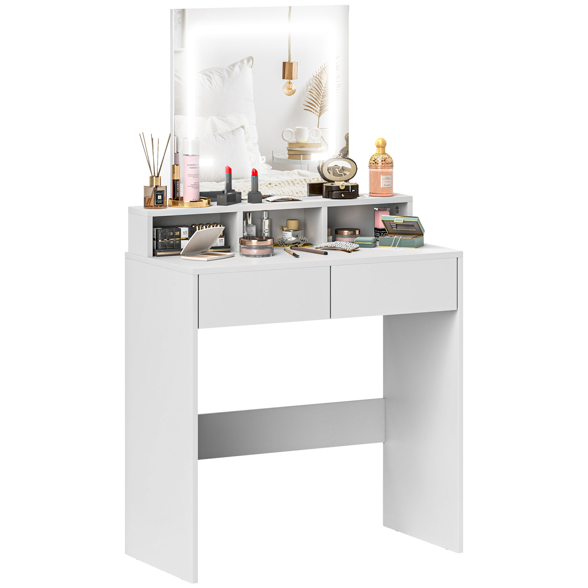 HERON Dressing Table with Mirror and LED Lights, Vanity Table with 2 Drawers, 3 Compartments, 3 Colour Lighting, White - Life Essentials