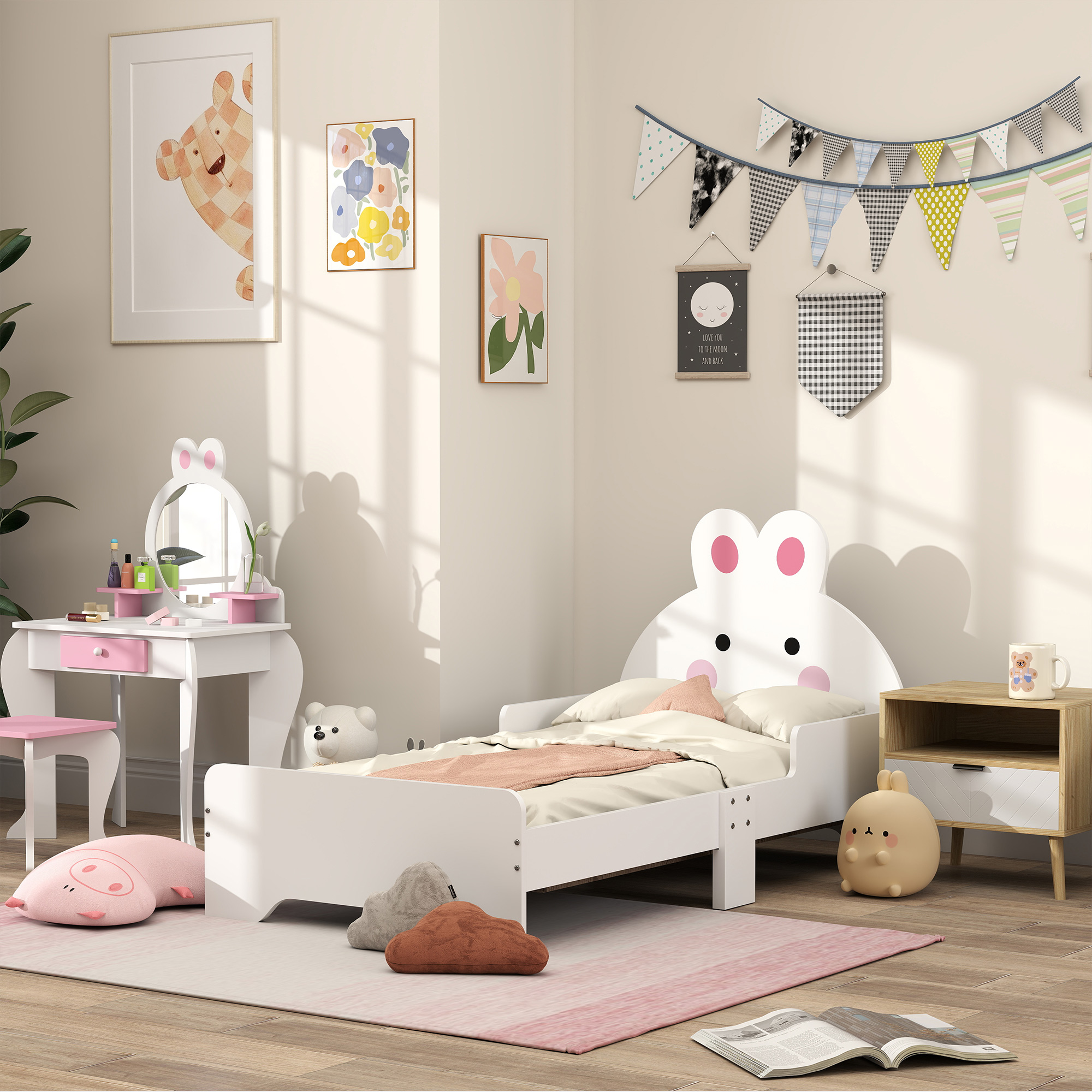 ZONEKIZ Toddler Bed Frame Rabbit Design, White - Life Essentials