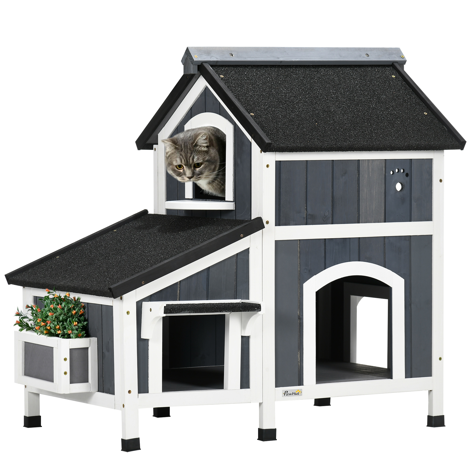 PawHutÂ WoodenÂ CatÂ HouseÂ OutdoorÂ with Flower Pot, 2 Tiers CatÂ ShelterÂ withÂ Window, MultipleÂ Entrances, Water-resistantÂ Roof, Grey - Life 
