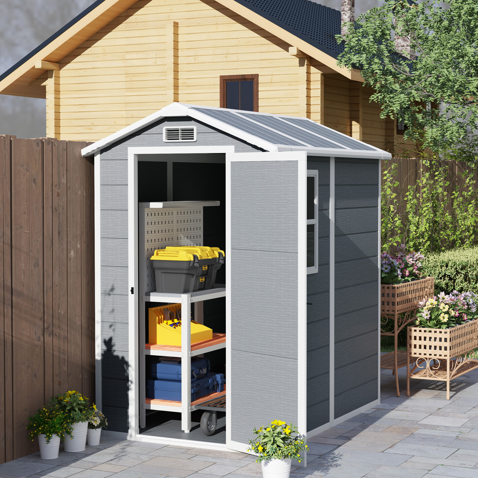 SUNVISTA 4 x 6ft Garden Shed, Plastic Shed with Floor, Window, Lockable Door and Vents, Grey - Life Essentials