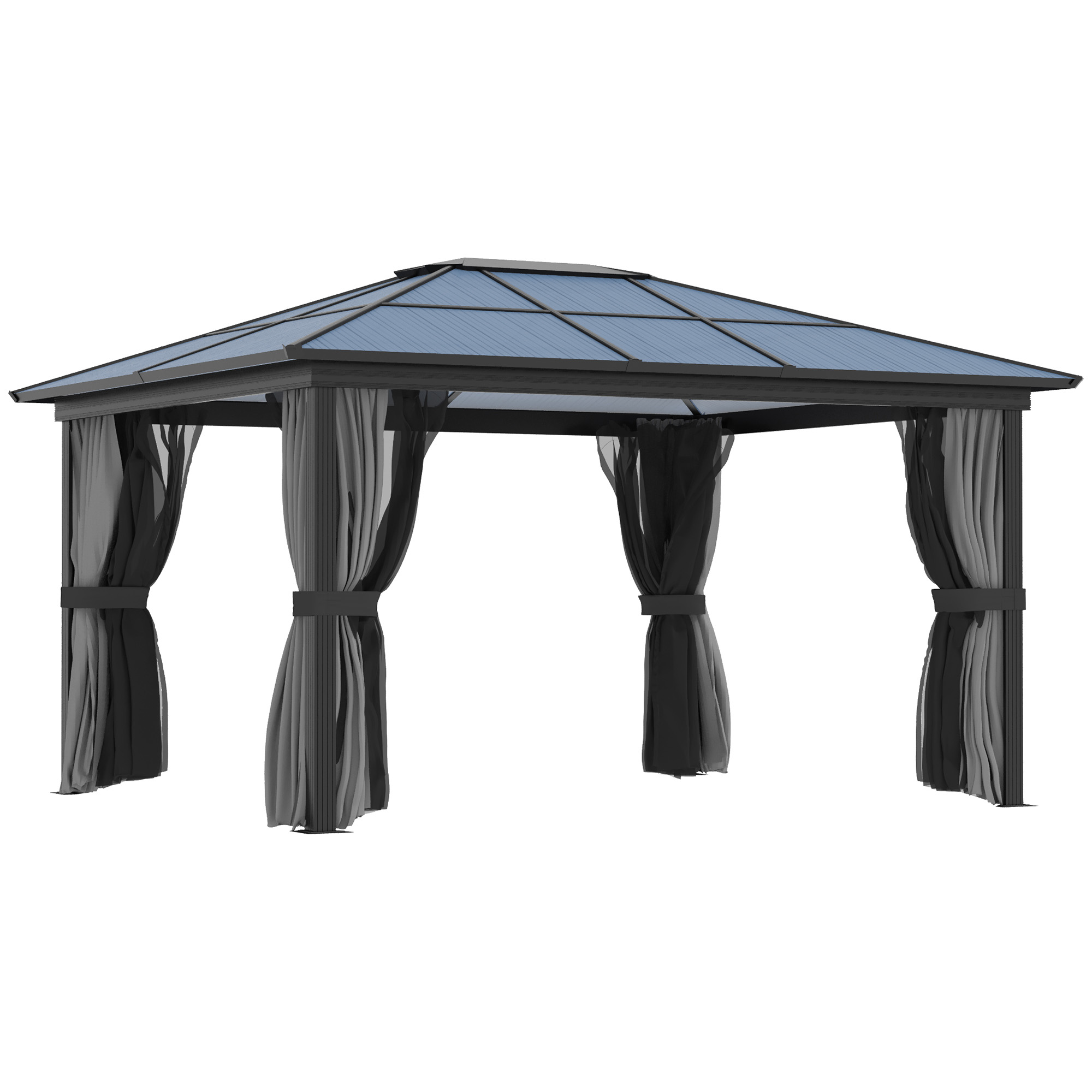 4 x 3.6m Hardtop Gazebo with UV Resistant Polycarbonate Roof & Aluminium Frame, Garden Pavilion with Mosquito Netting and Curtains - Life Essentials