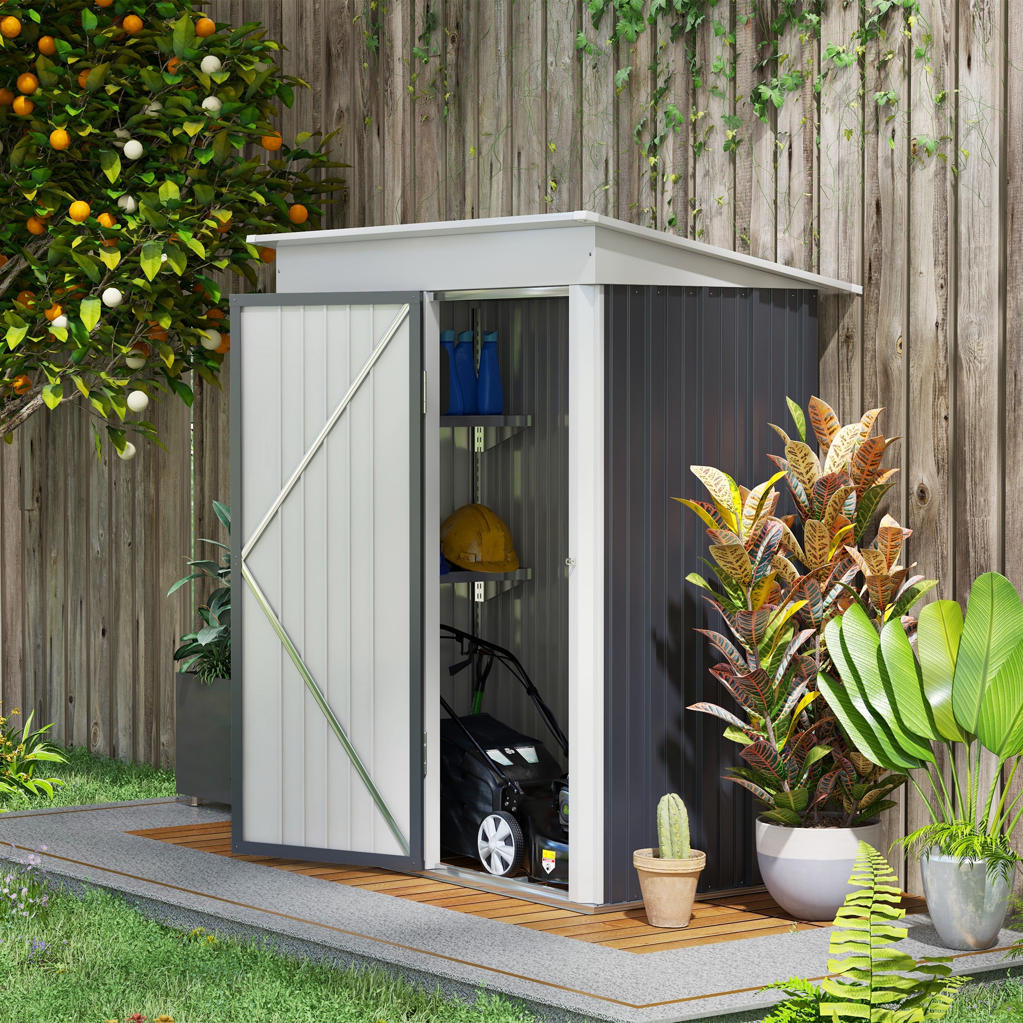 Metal Garden Shed, Outdoor Lean-to Shed for Tool Motor Bike, with Adjustable Shelf, Lock, Gloves, 5'x3'x6', Dark Grey - Life Essentials