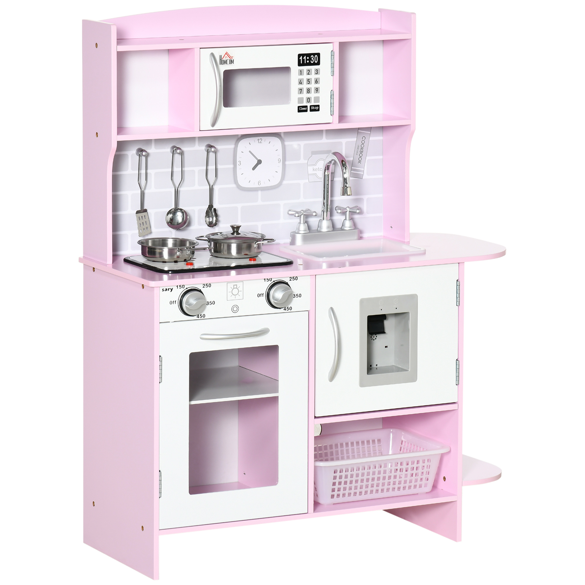 Wooden Play Kitchen with Lights Sounds, Kids Kitchen Playset with Water Dispenser, Microwave, Utensils, Sink, Gift for 3-6 Years Old, Pink - Life 
