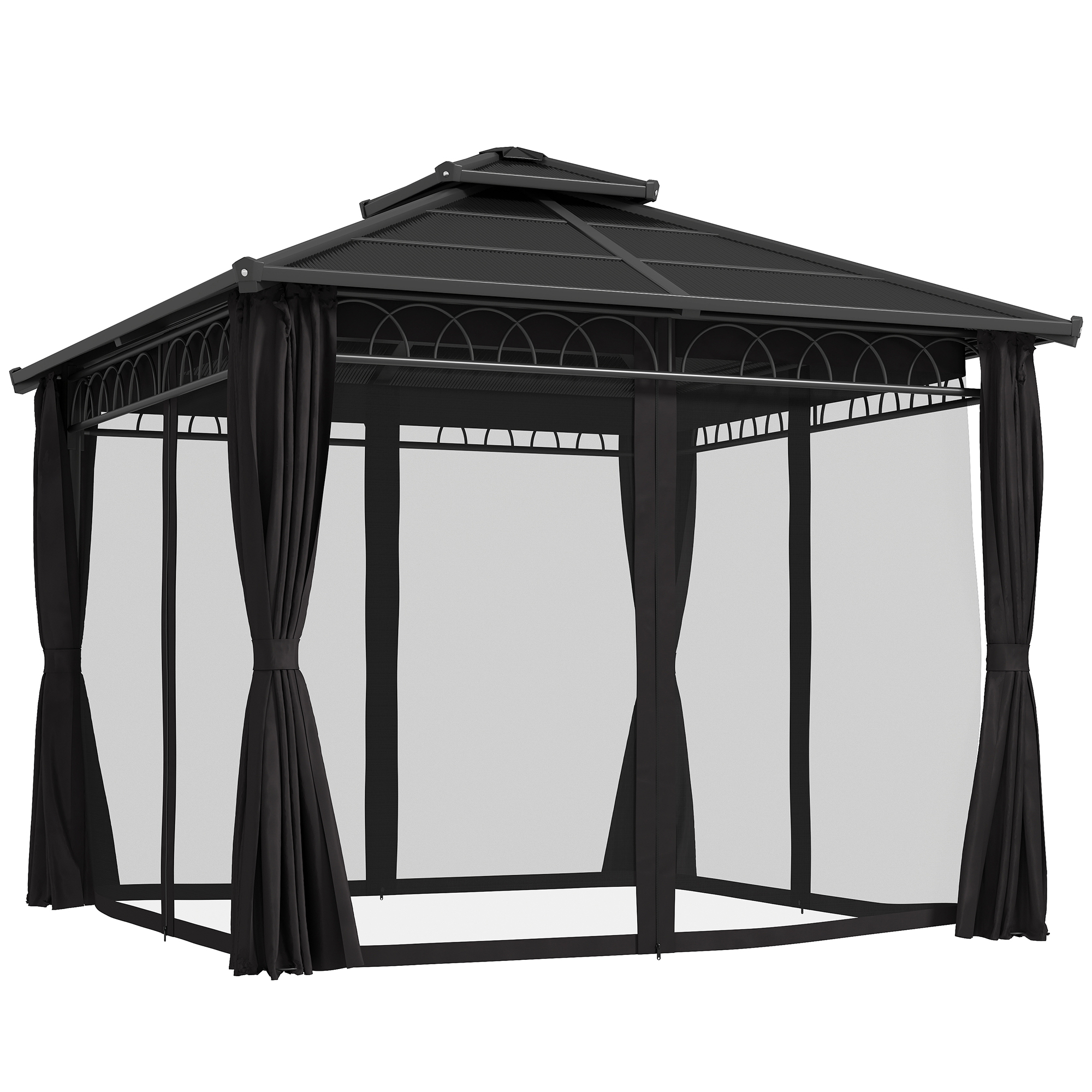 SUNVISTA 3 x 3 (m) Outdoor Polycarbonate Gazebo, Double Roof Hard Top Gazebo with Galvanised Steel Frame, Nettings & Curtains for Garden, Dark Grey - 