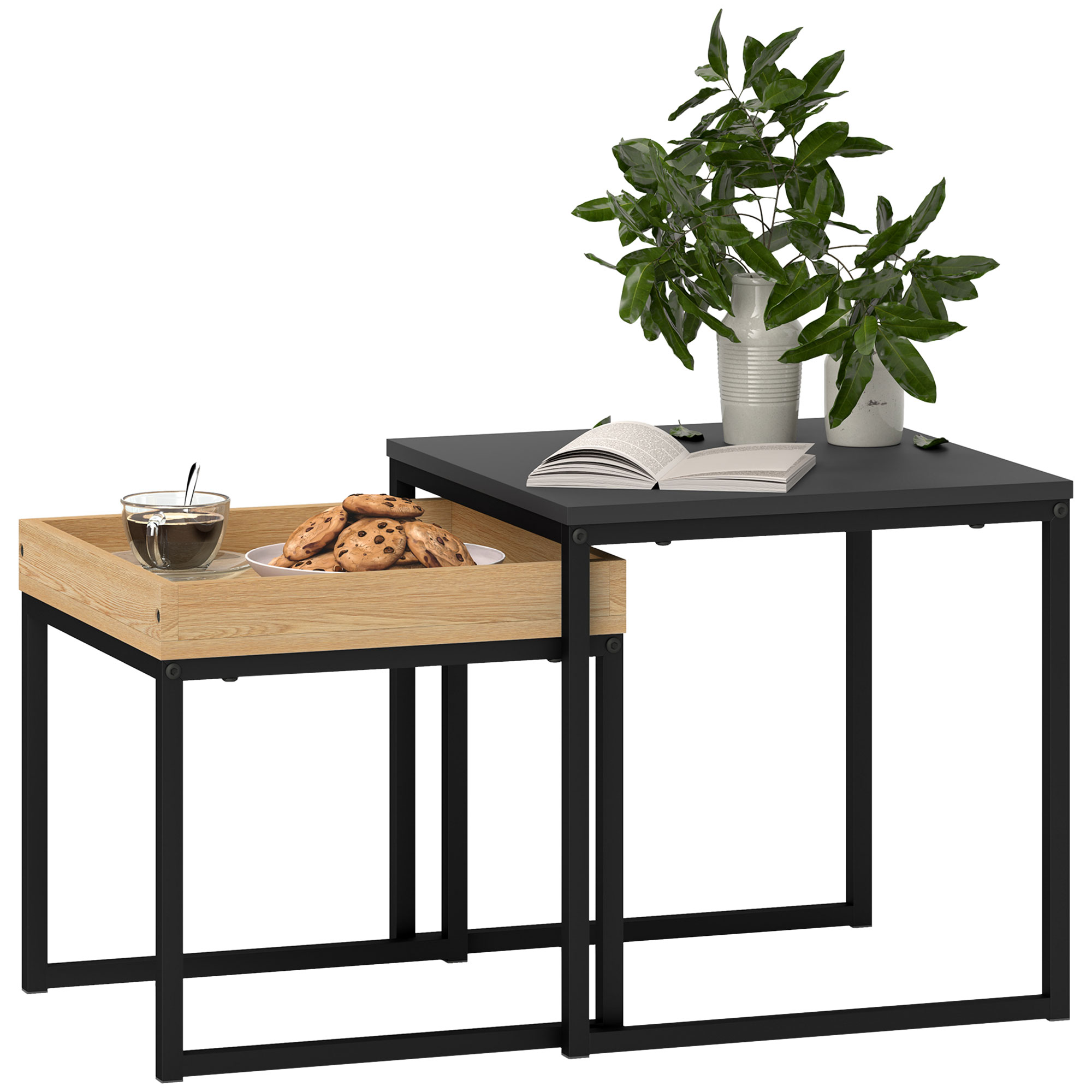 HERON Set of Two Boxy Nesting Tables - Black/Wood-Effect - Life Essentials