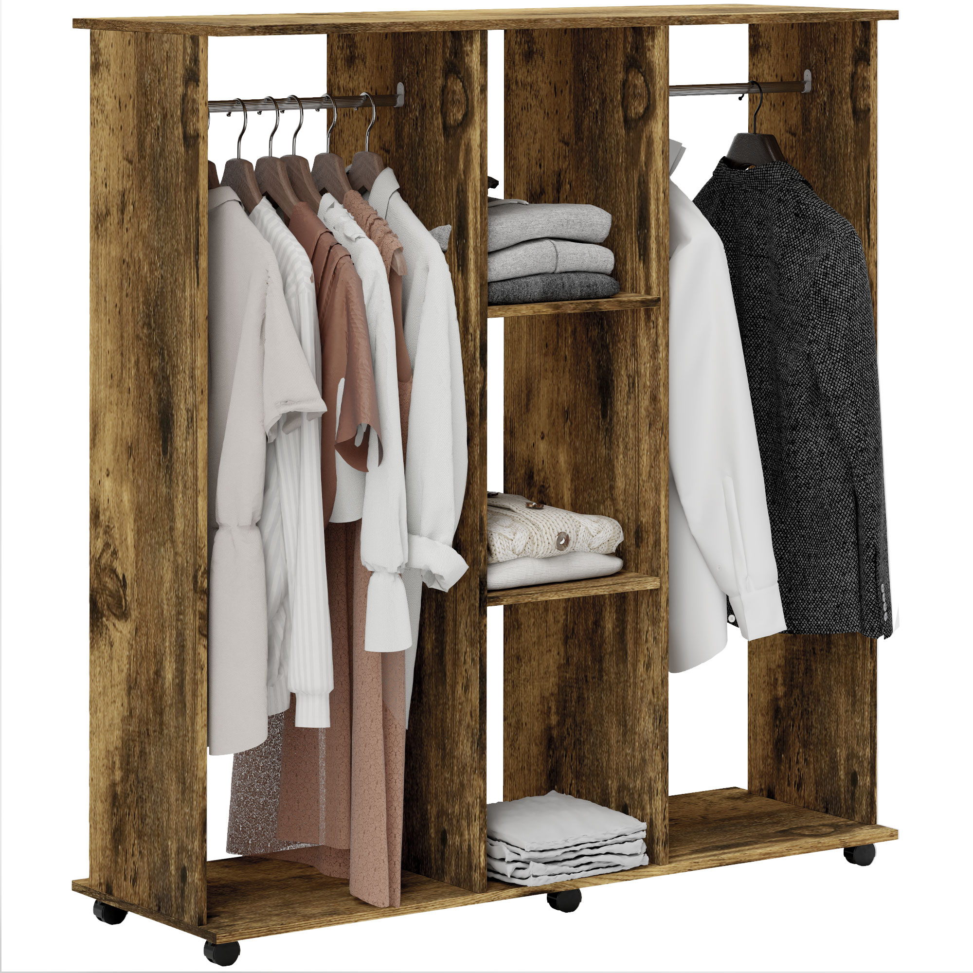 HERON Open Wardrobe Double Mobile Storage Shelves Organizer W/6 Wheels-Rustic Brown - Life Essentials