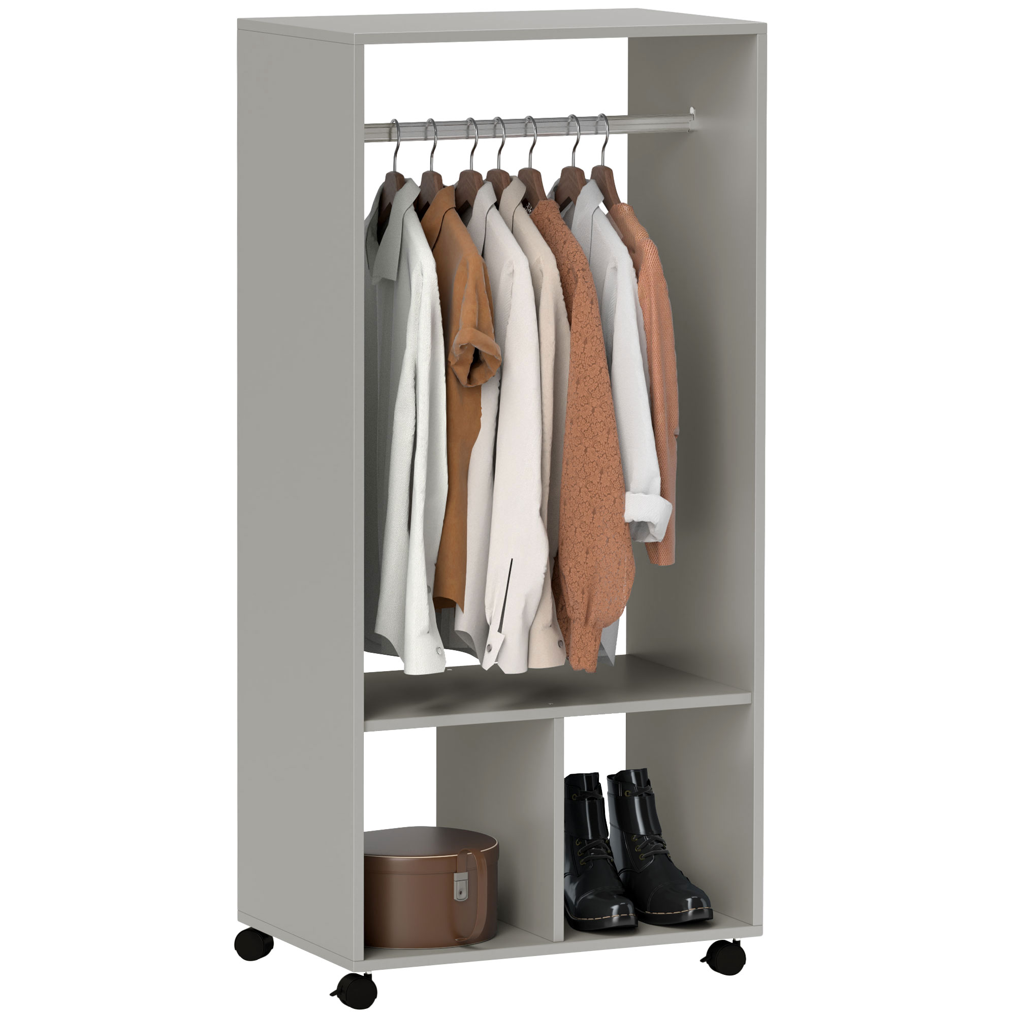 HERON Open Wardrobe for Bedroom, Small Wardrobe on Wheels with Clothes Rail, Storage Shelves, Mobile Garment Rack for Clothes Storage, Grey - Life 