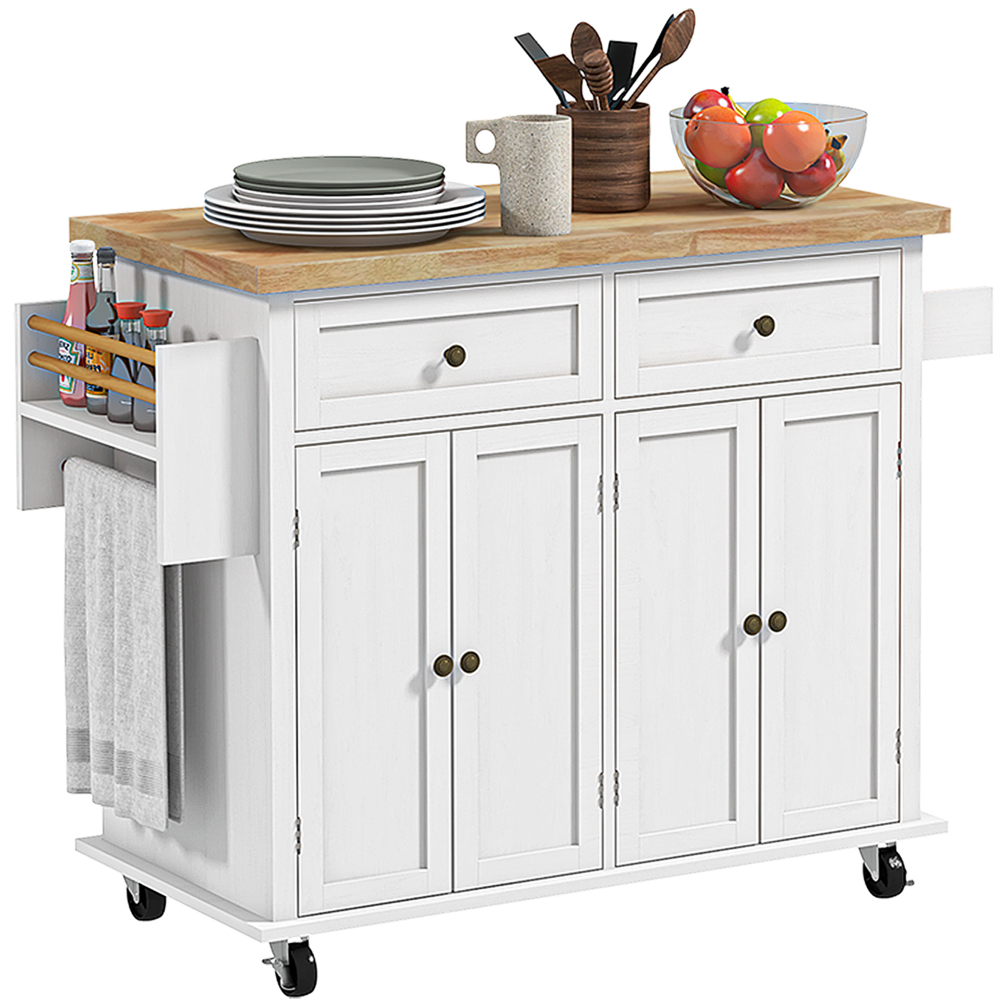 HERON Rolling Kitchen Island Storage Trolley with Rubber Wood Top & Drawers for Dining Room, White - Life Essentials