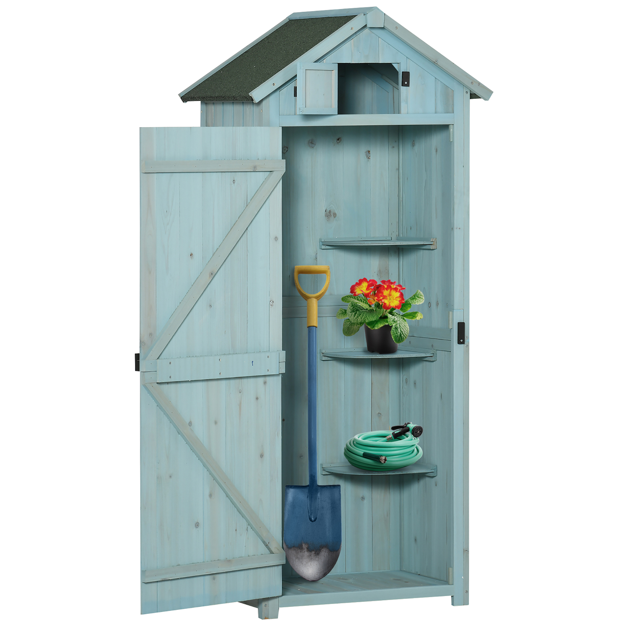 Garden Shed Vertical Utility 3 Shelves Shed Wood Outdoor Garden Tool Storage Unit Storage Cabinet, 77 x 54.2 x 179cm - Blue - Life Essentials