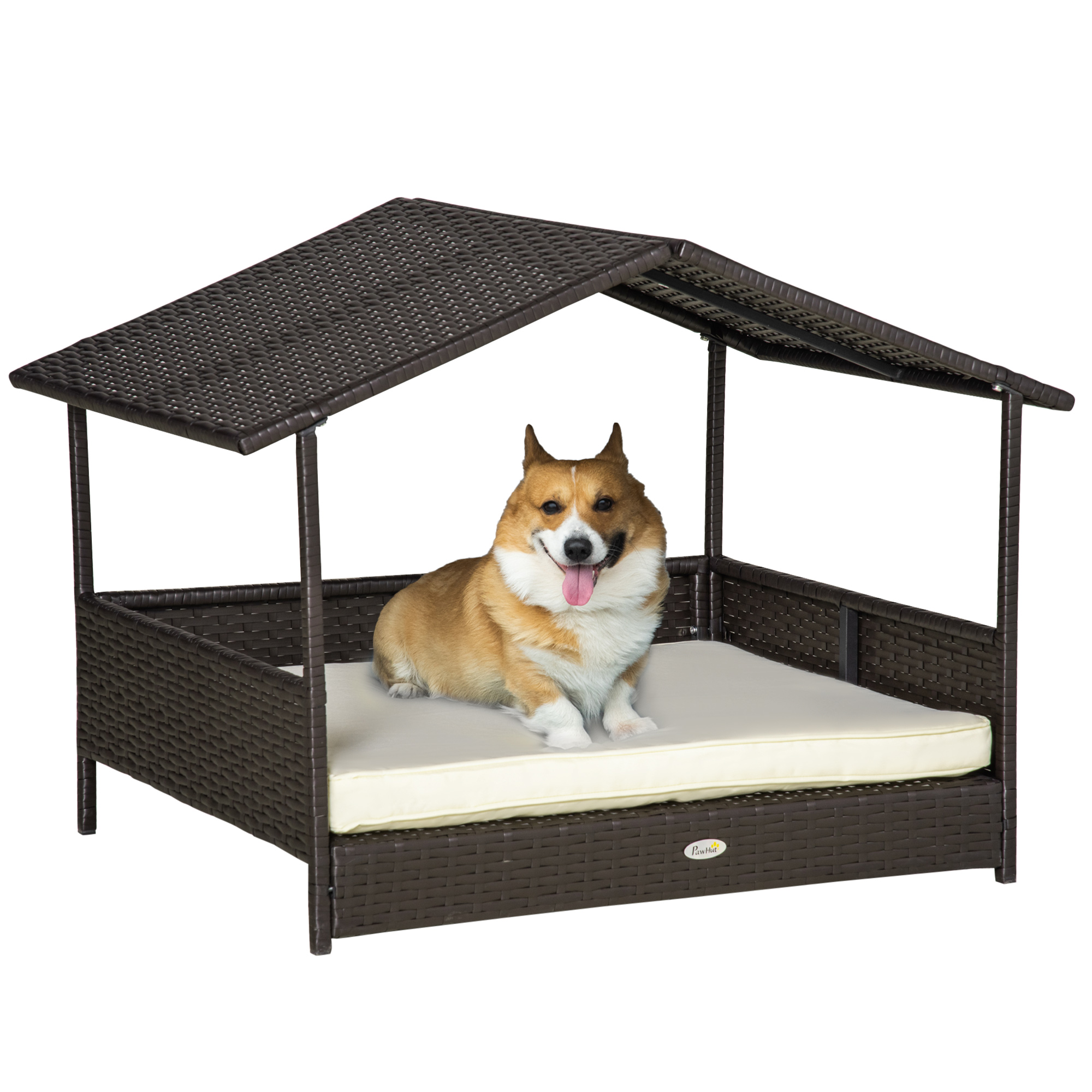 Wicker Dog House with Removable Cushion and Canopy - Cream - Life Essentials