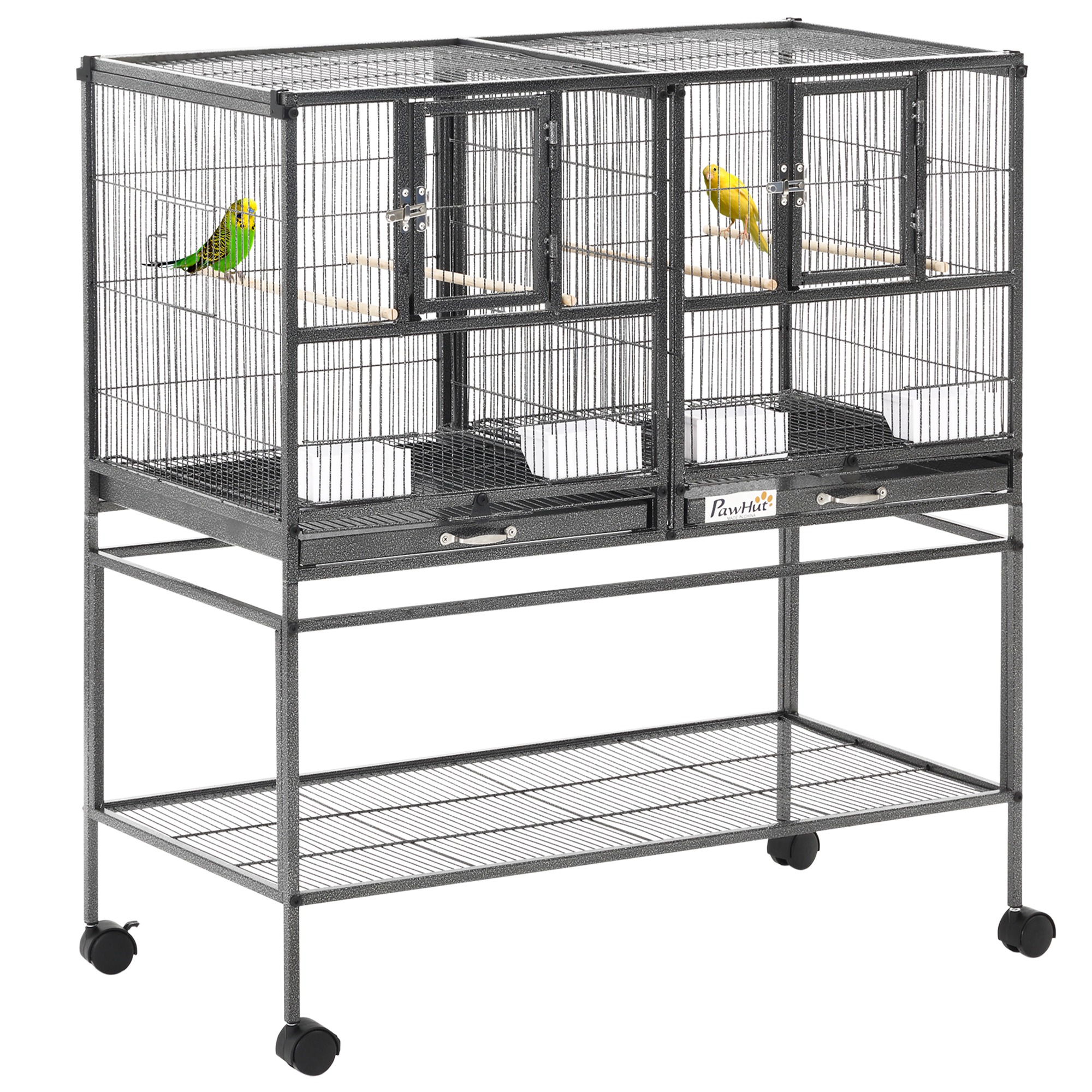 Double Rolling Metal Bird Cage Parrot Cage with Removable Metal Tray, Storage Shelf, Wood Perch, and Food Container - Life Essentials