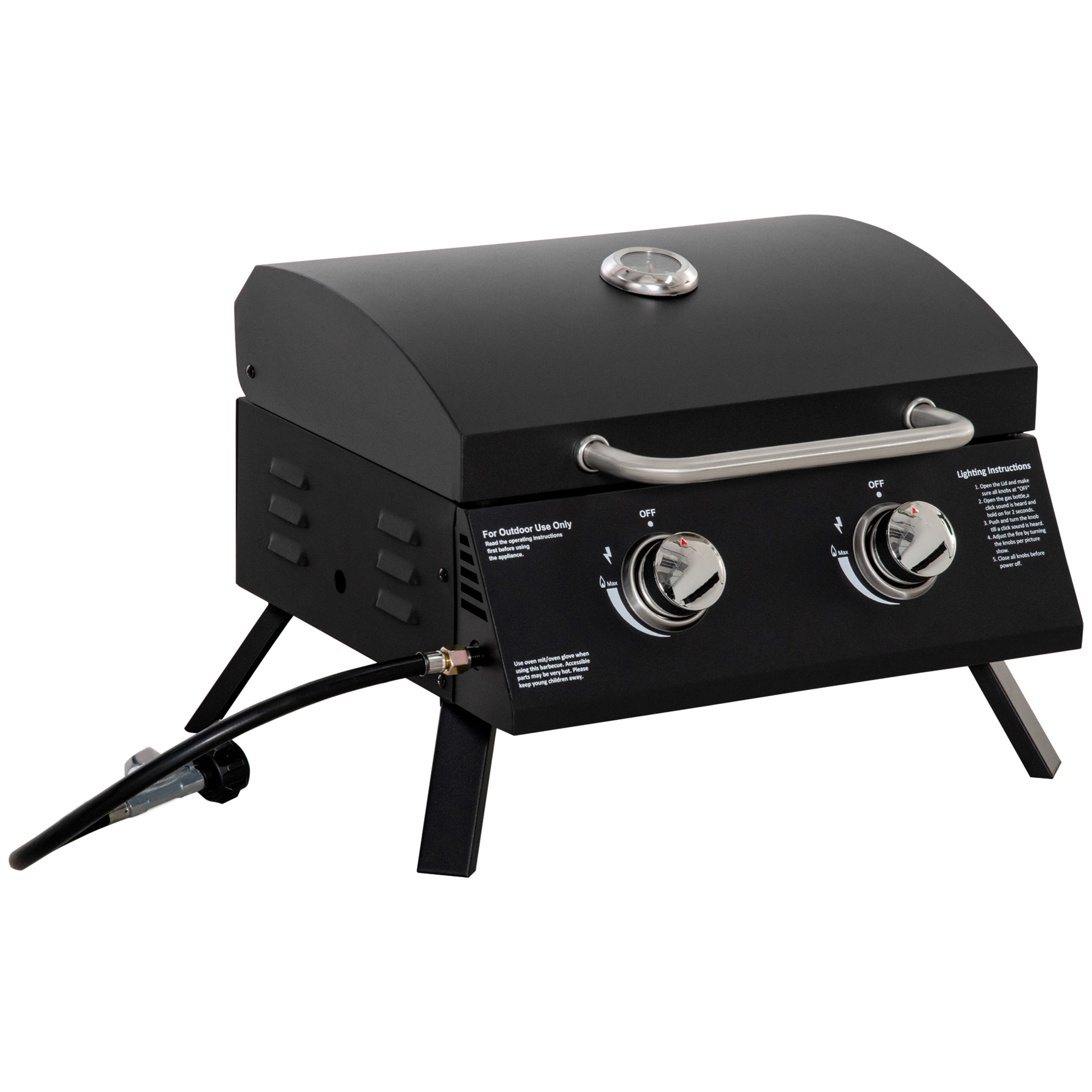 2 Burner Gas BBQ Grill Outdoor Portable Folding Tabletop Barbecue w/ Lid, Thermometer, Carbon Steel, Black - Life Essentials