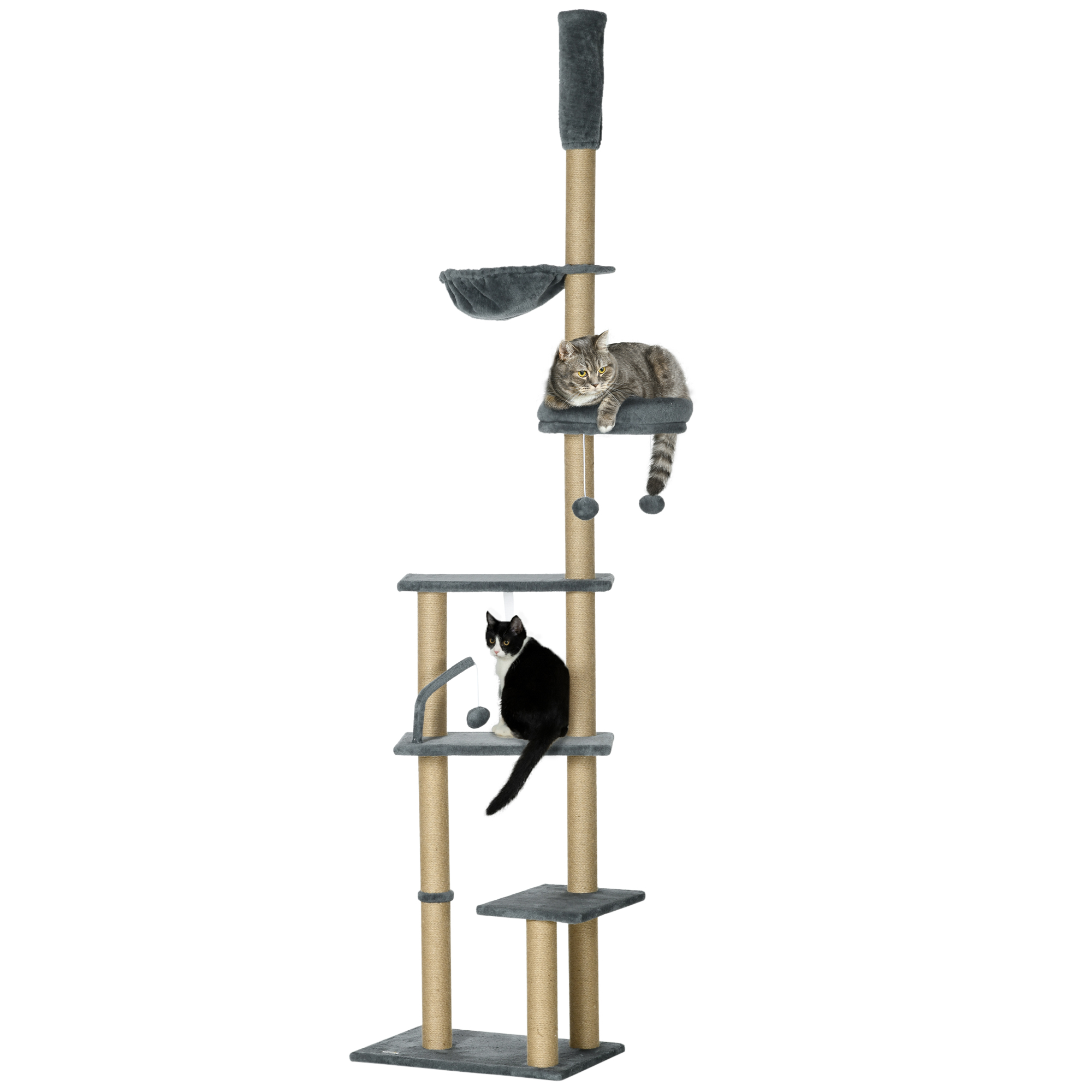 Floor to Ceiling Cat Tree, 6-Tier Play Tower Climbing Activity Center w/ Scratching Post, Hammock, Adjustable Height 230-250cm, Grey - Life Essentials