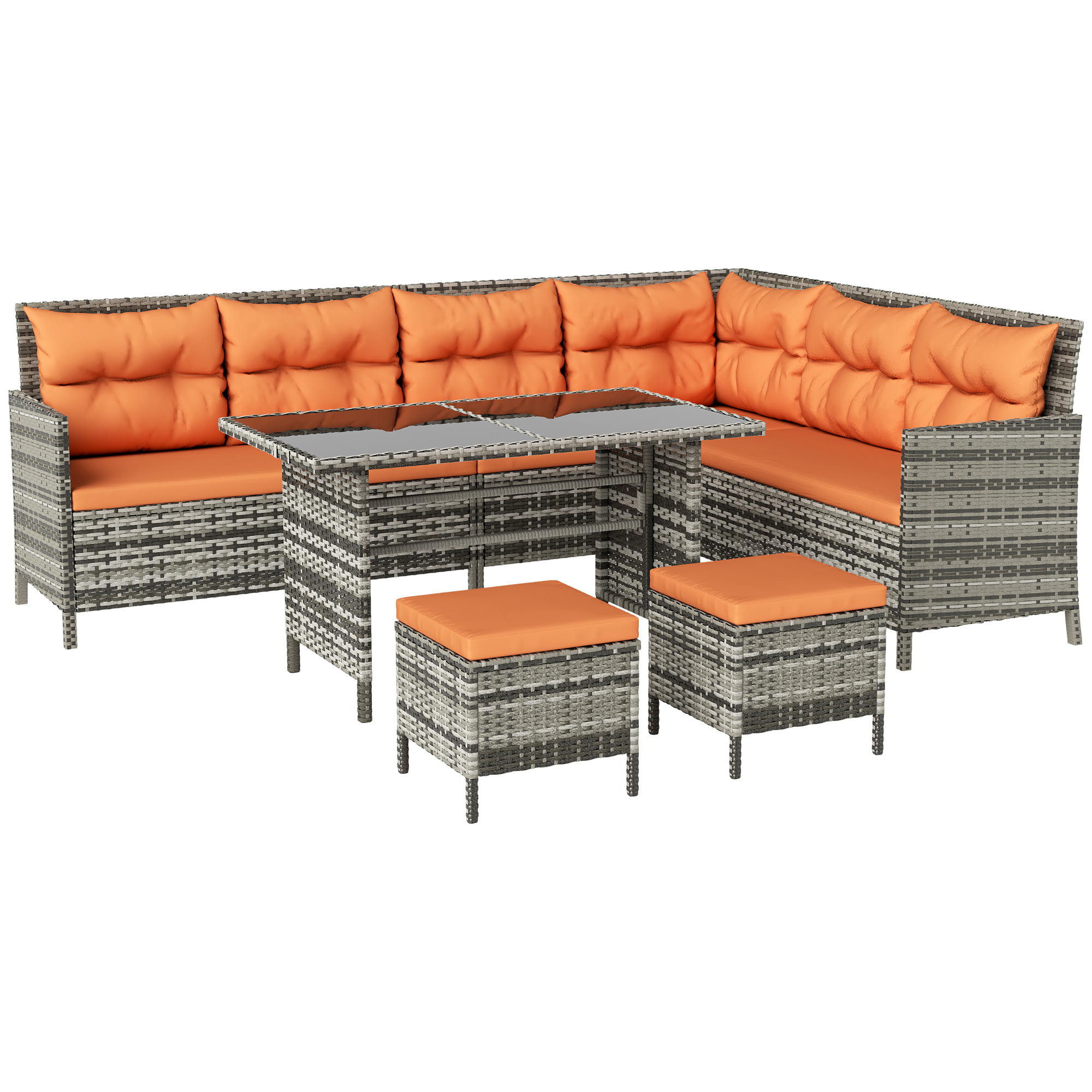 SUNVISTA 7-Seater Patio wicker Sofa Set Rattan Chair Furniture w/ Glass & Cushioned, Orange - Life Essentials