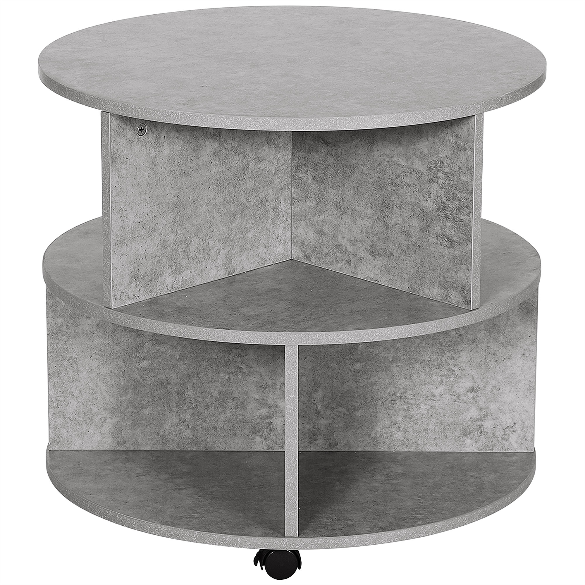 2 Tier Round Side End Table Coffee Desk with Divided Shelves Tea Table Storage Unit Living Room Organiser with Wheels - Cement colour - Life 