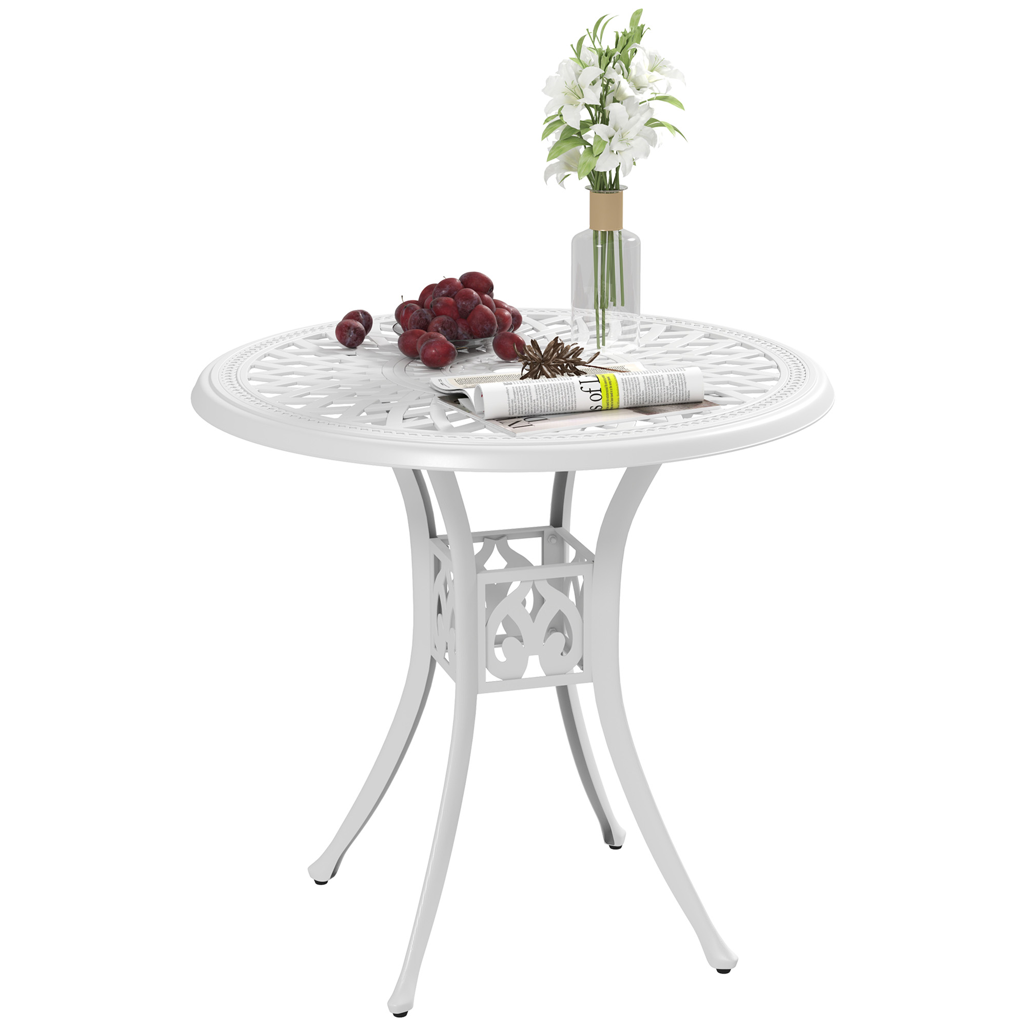 SUNVISTA 78 cm Round Garden Dining Table with Parasol Hole Antique Cast Aluminium Outdoor Table Only, White - Life Essentials