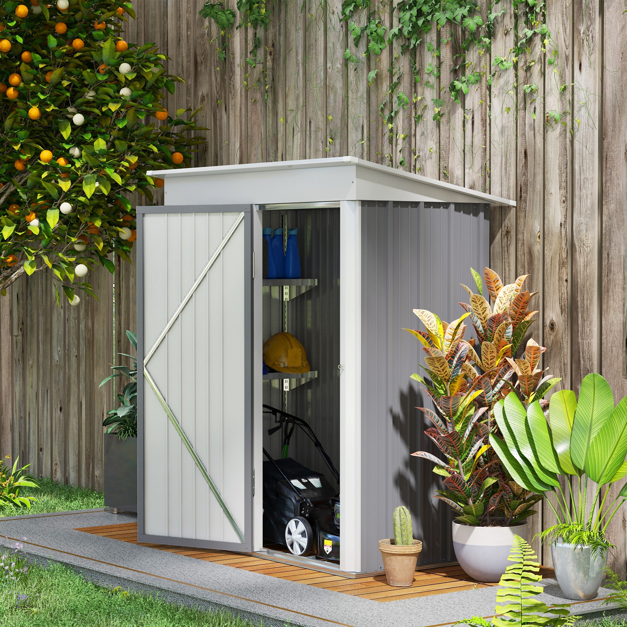 Metal Garden Shed, Outdoor Lean-to Shed for Tool Motor Bike, with Adjustable Shelf, Lock, Gloves, 5'x3'x6', Grey - Life Essentials