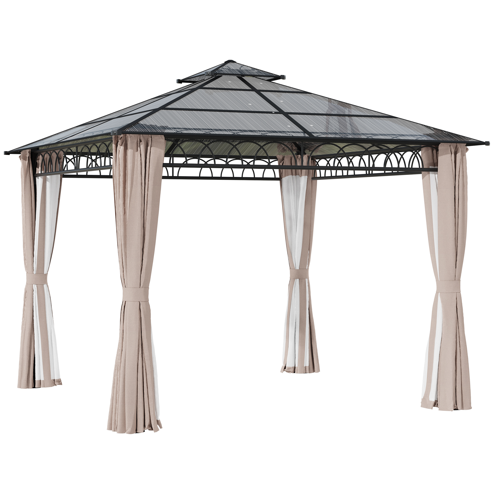 3 x 3 (m) Outdoor Polycarbonate Gazebo, Double Roof Hard Top Gazebo with Galvanized Steel Frame, Nettings & Curtains - Life Essentials