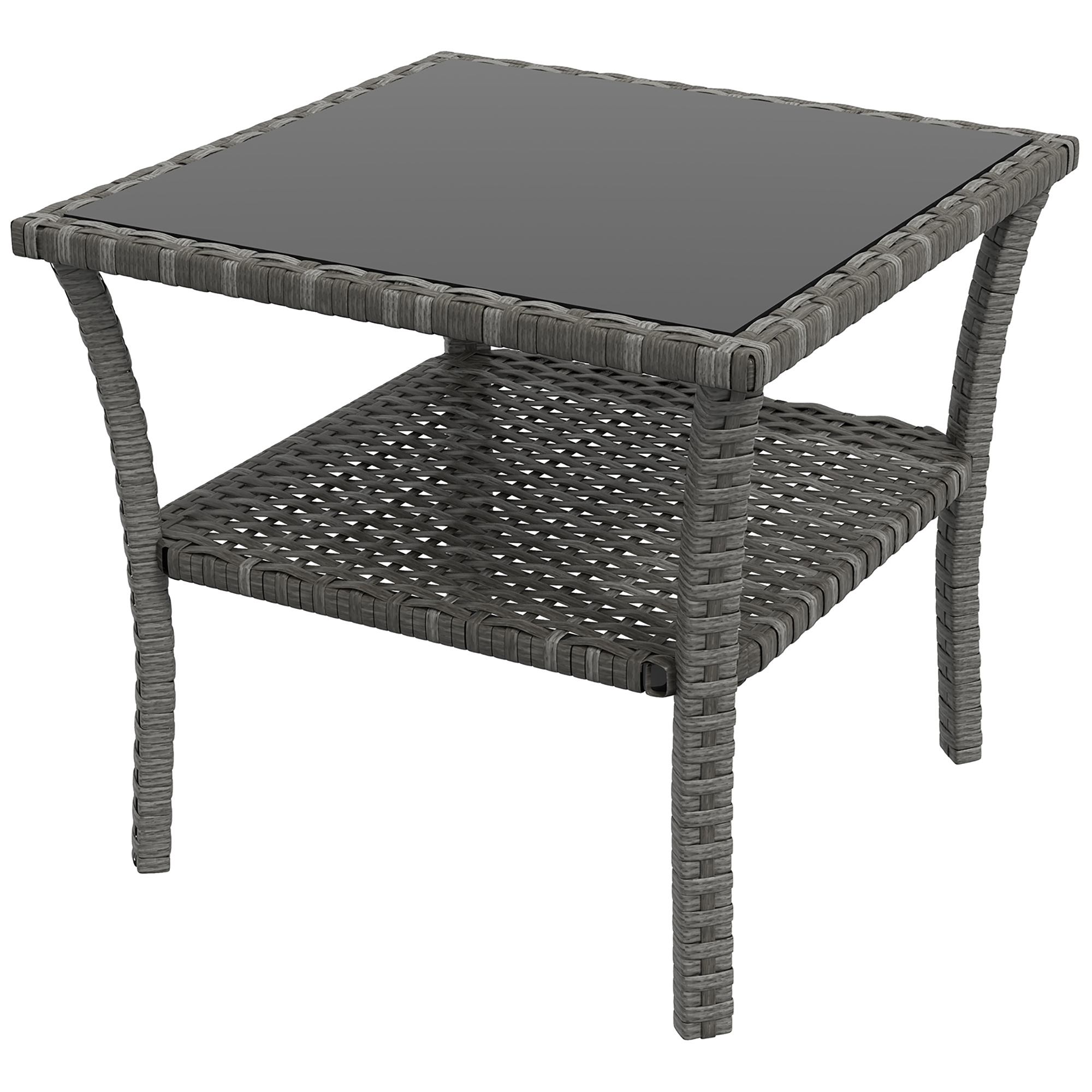 50cm Outdoor PE Rattan Coffee Table, Patio Wicker Two-tier Side Table with Glass Top, for Patio, Garden, Balcony, Grey - Life Essentials