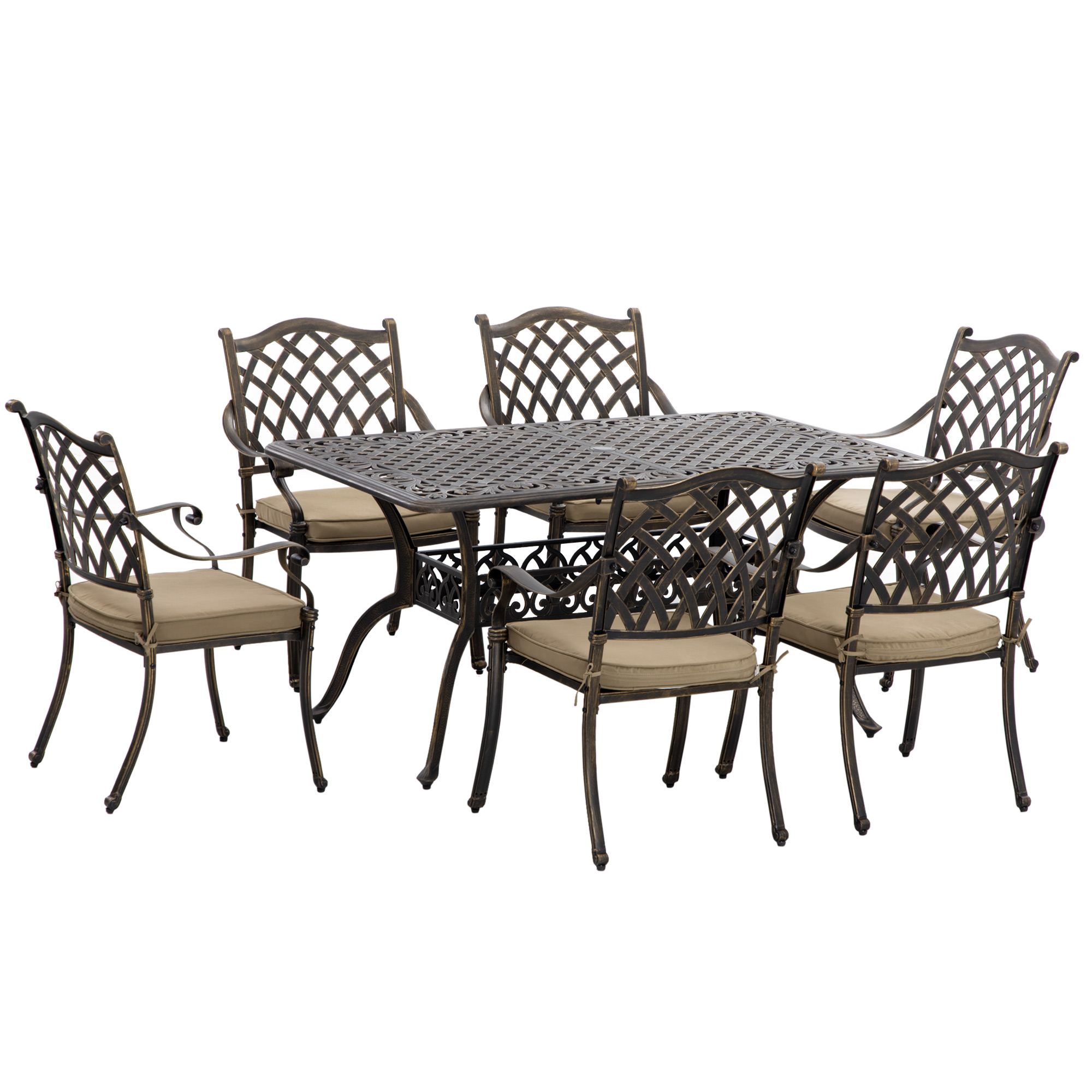 6-Seater Patio Dining Set with Umbrella Hole, Cast Aluminum Patio Furniture Set with Six Cushioned Chairs and Rectangle Dining Table, Bronze - Life 