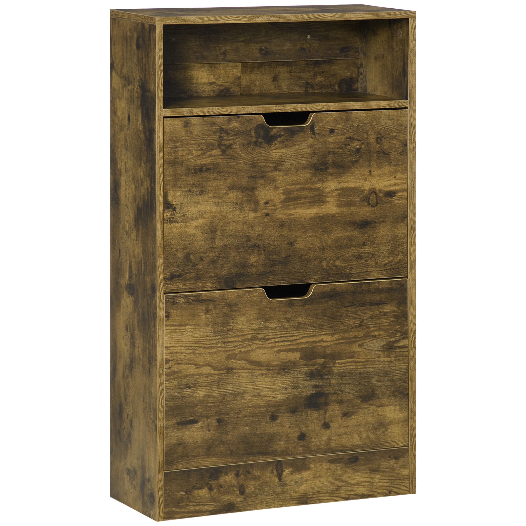 Shoe Cabinet with 2 Flip Doors, Slim 2-Drawer Shoe Cupboard with Adjustable Divider and Open Compartment, Entryway Storage Unit, Rustic Brown - Life 