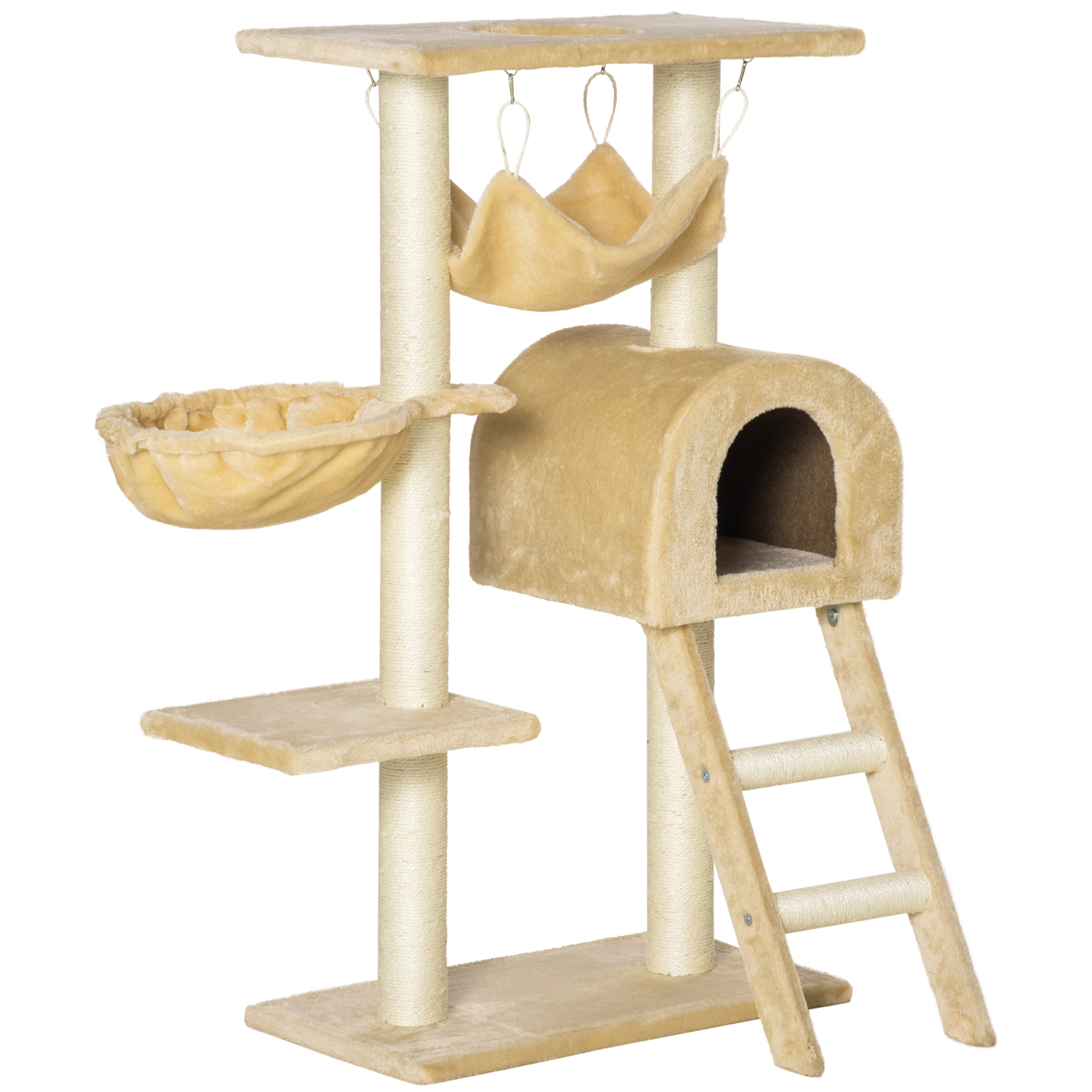 Cat Tree Tower Kitten Activity Centre Scratching Post w/ Hammock Condo Bed Basket Ladder 98 cm, Beige - Life Essentials
