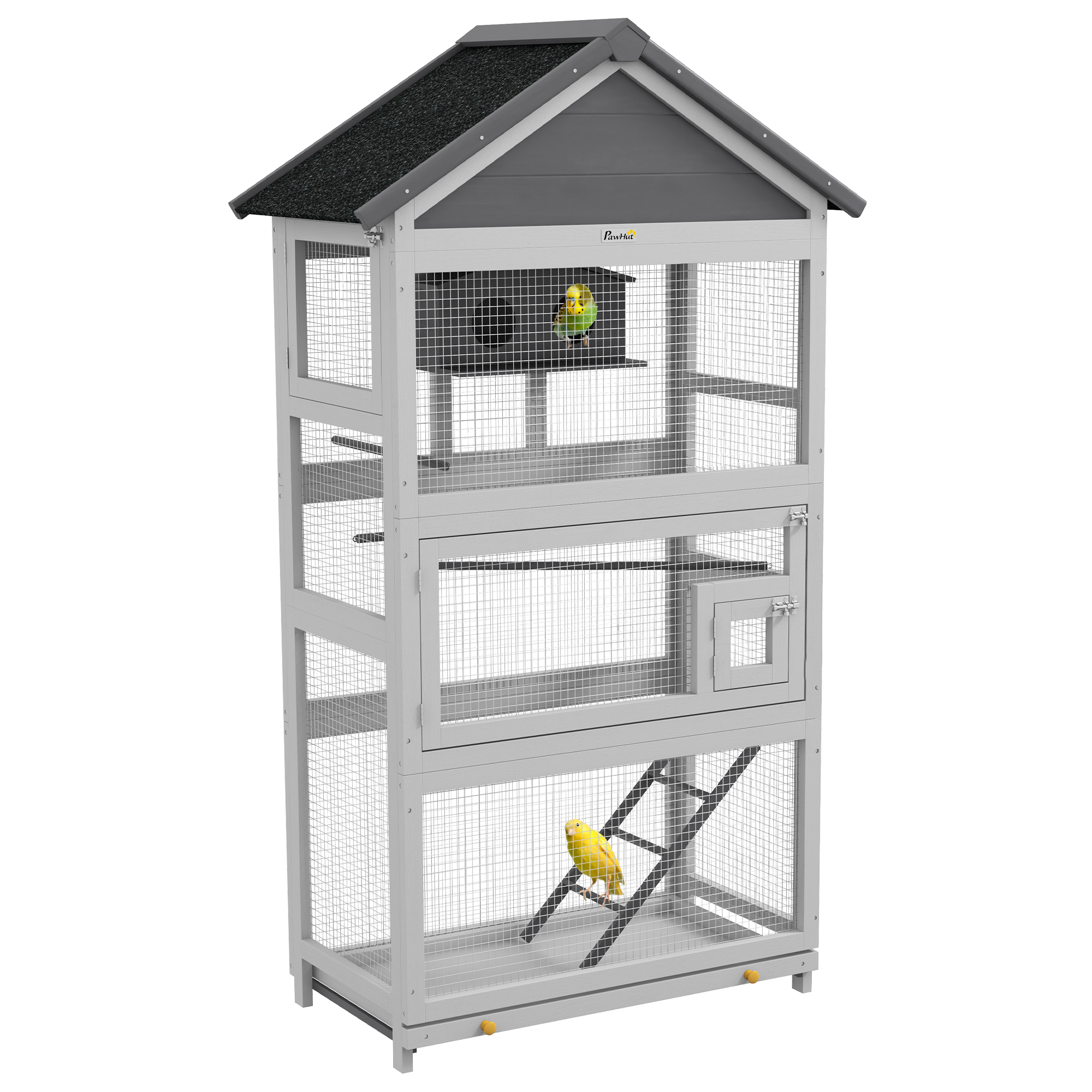 Wooden Bird Cage, with Stand, for Finches, Parakeets, Small birds - Grey - Life Essentials