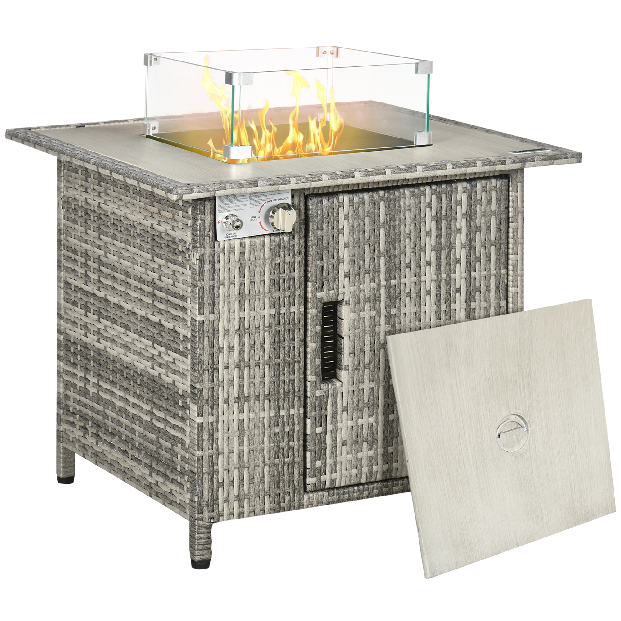 Outdoor PE Rattan Gas Fire Pit Table, Patio Square Propane Heater with Rain Cover, Glass Windscreen, and Lava Stone - Grey - Life Essentials