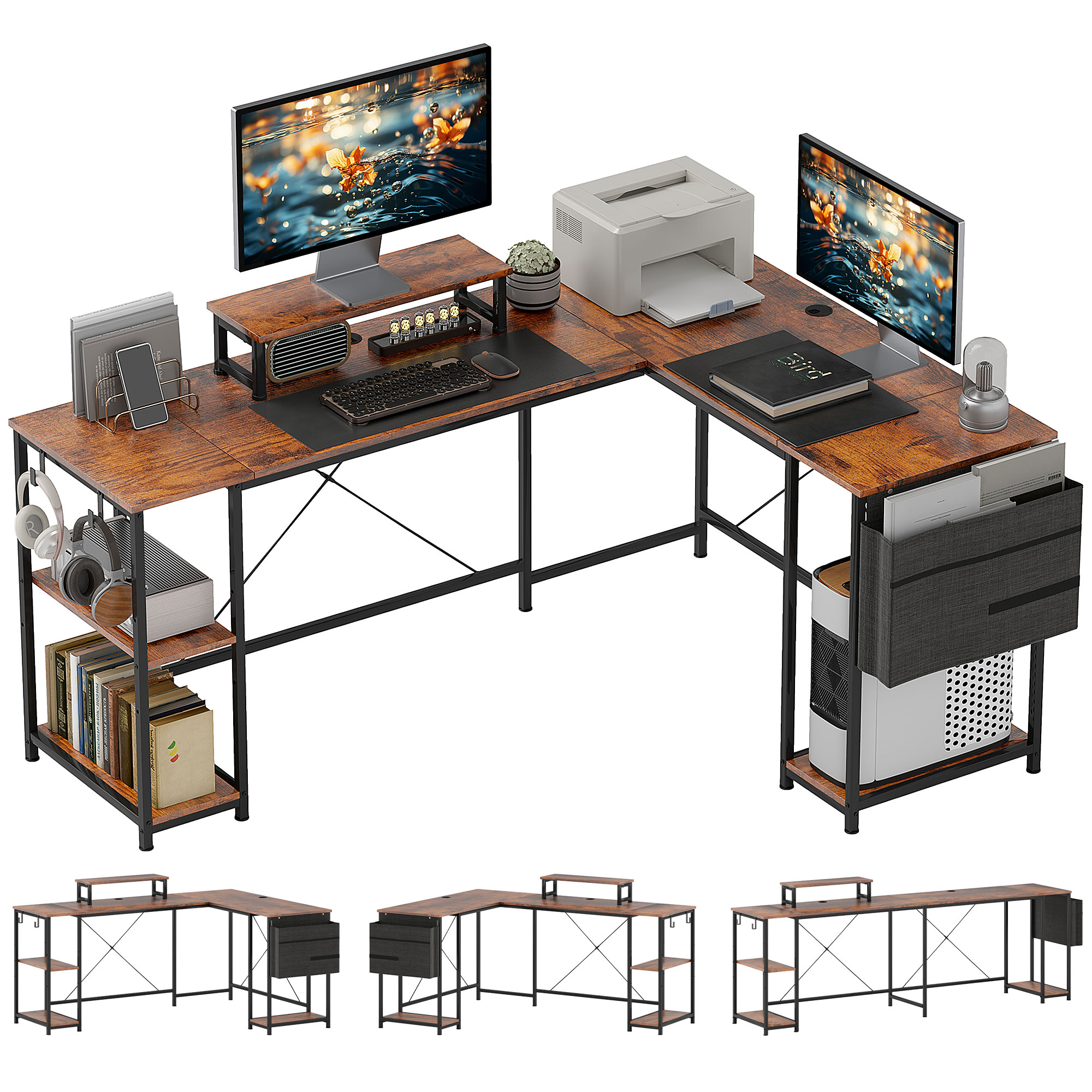 HERON 168cm Reversible L Shaped Desk, Rustic Brown - Life Essentials