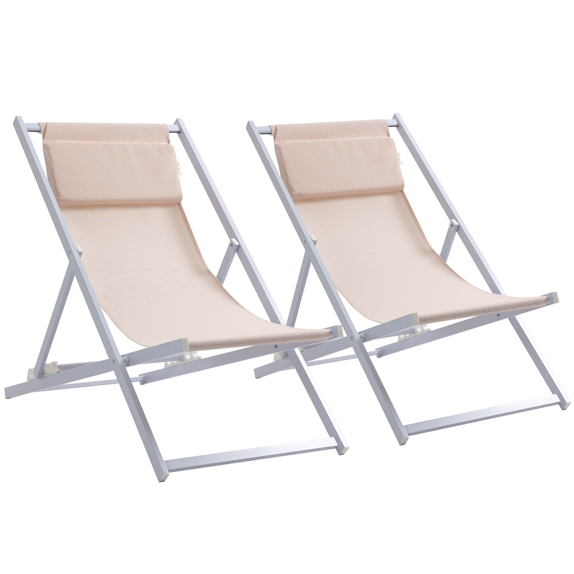 Set of 2 Folding Garden Beach Deck Chairs Deckchairs Seaside Folding Garden Patio Lounger, White - Life Essentials