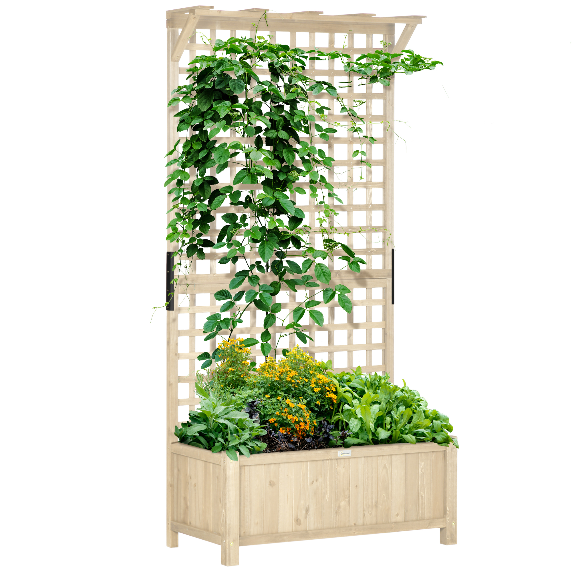 Raised Bed with Drainage Holes, Wood Planter with Trellis for Climbing Plants to Grow Vegetables, Flowers, Natural - Life Essentials