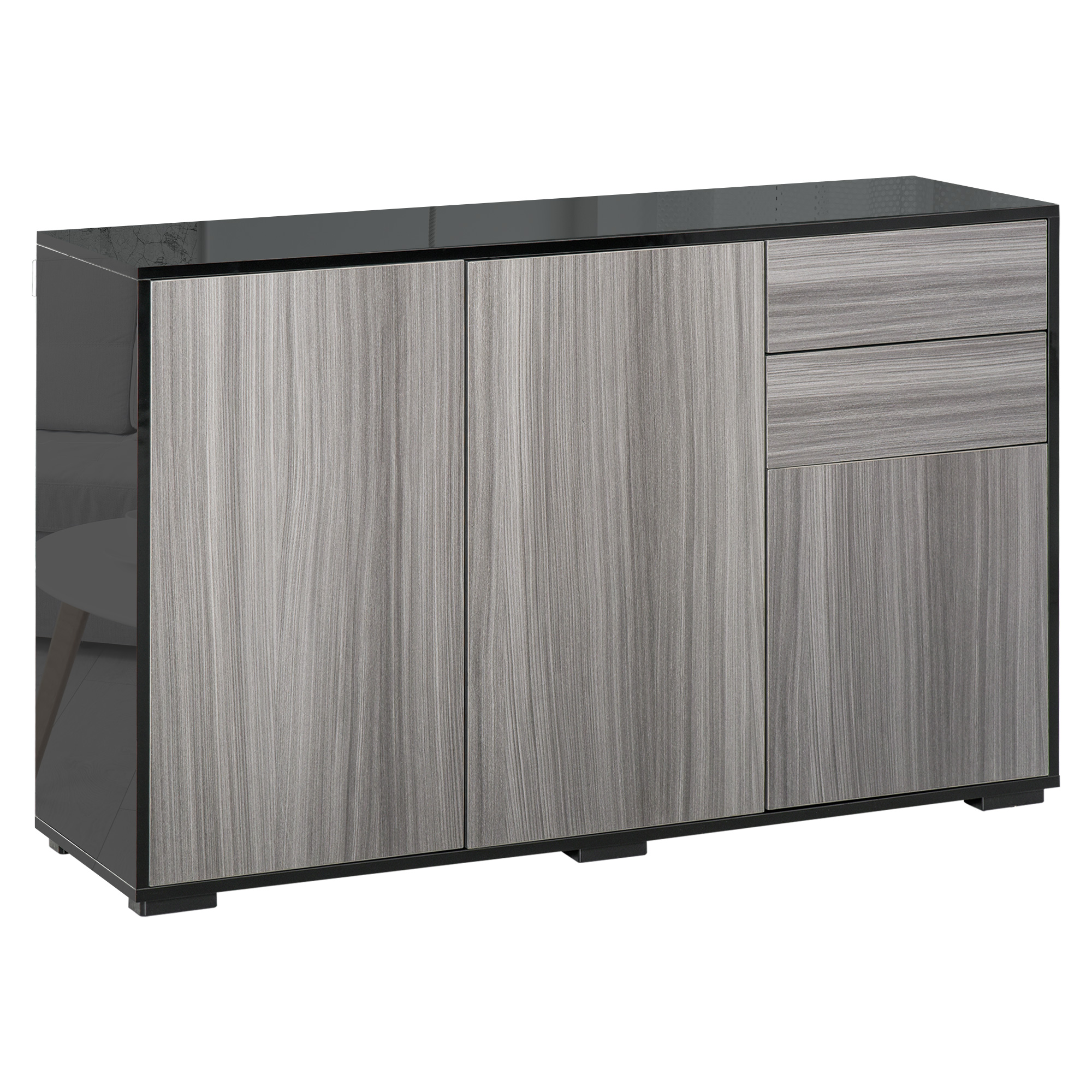High Gloss Sideboard, Side Cabinet, Push-Open Design with 2 Drawer for Living Room, Bedroom, Light Grey and Black - Life Essentials