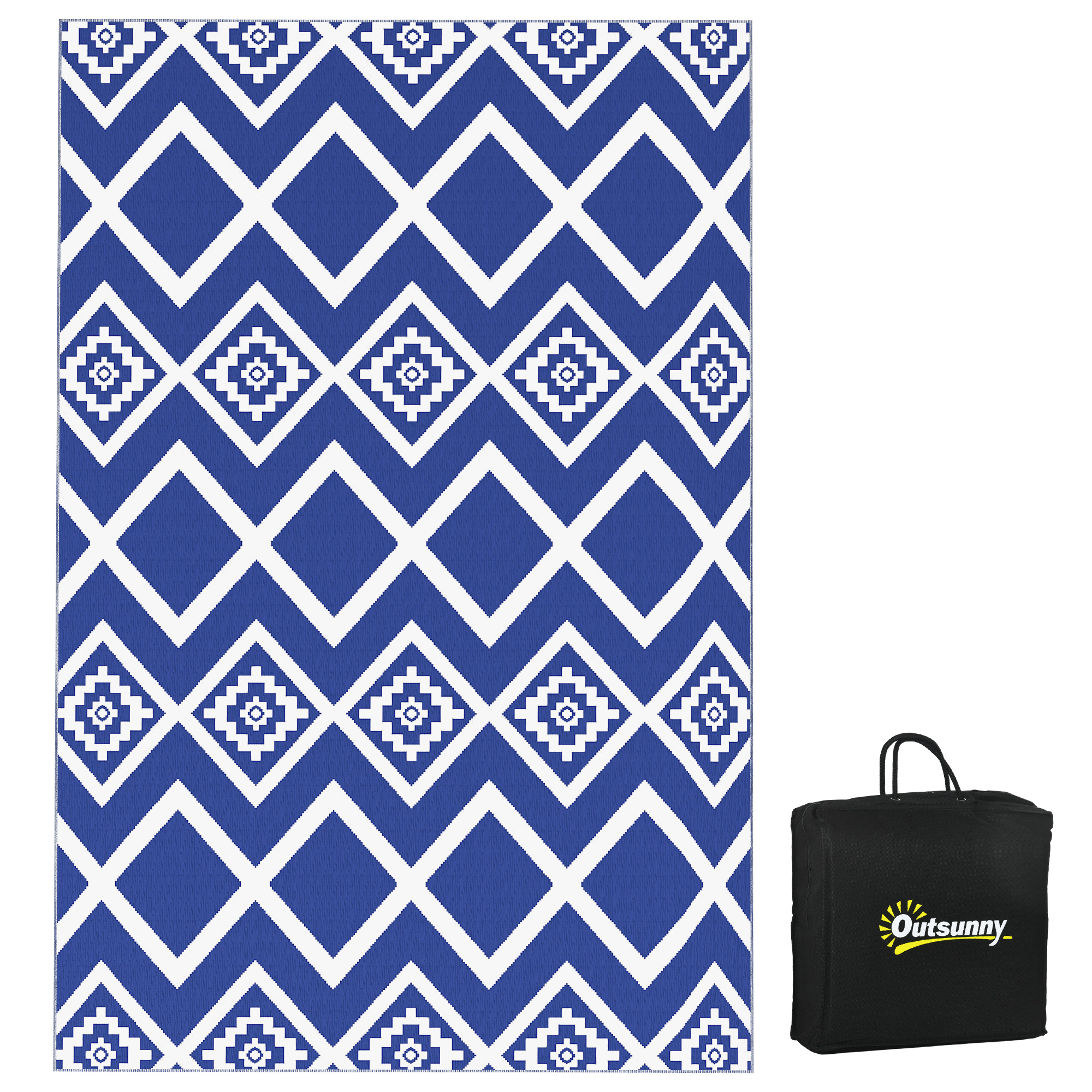Plastic Straw Reversible RV Outdoor Rug with Carry Bag, 182 x 274cm, Blue and White - Life Essentials