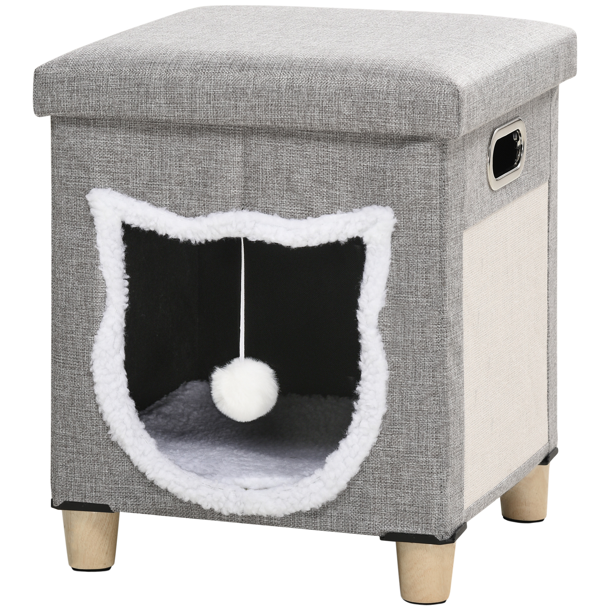 2 in 1 Cat Bed Ottoman, Comfortable Cat Sleeping Cave House w/ Removable Cushion, Scratching Pad, Handles, Anti-Slip Foot Pad, Toy Ball Grey - Life 