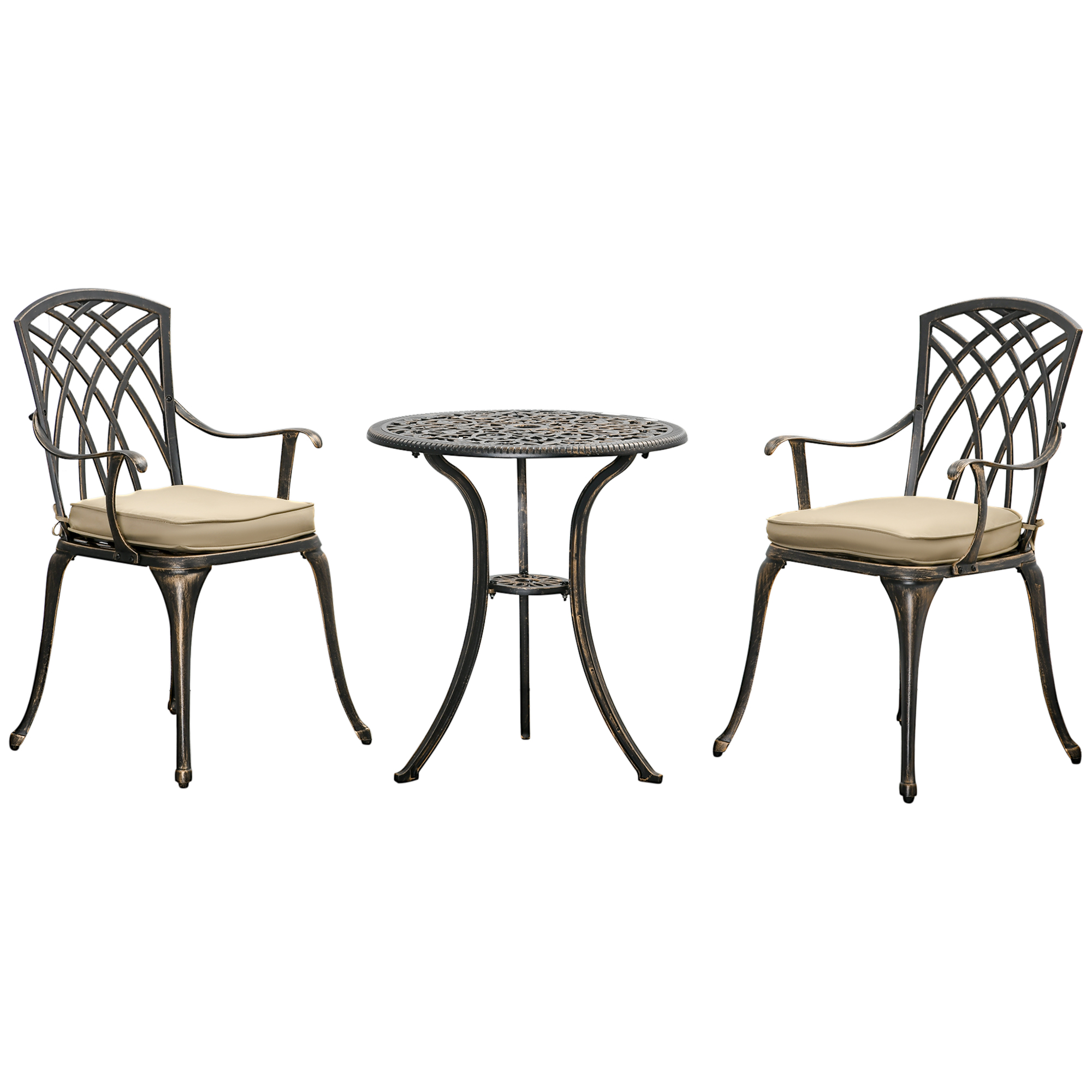 3 Piece Cast Aluminium Garden Bistro Set for 2 with Parasol Hole, Outdoor Coffee Table Set with Cushions - Bronze - Life Essentials