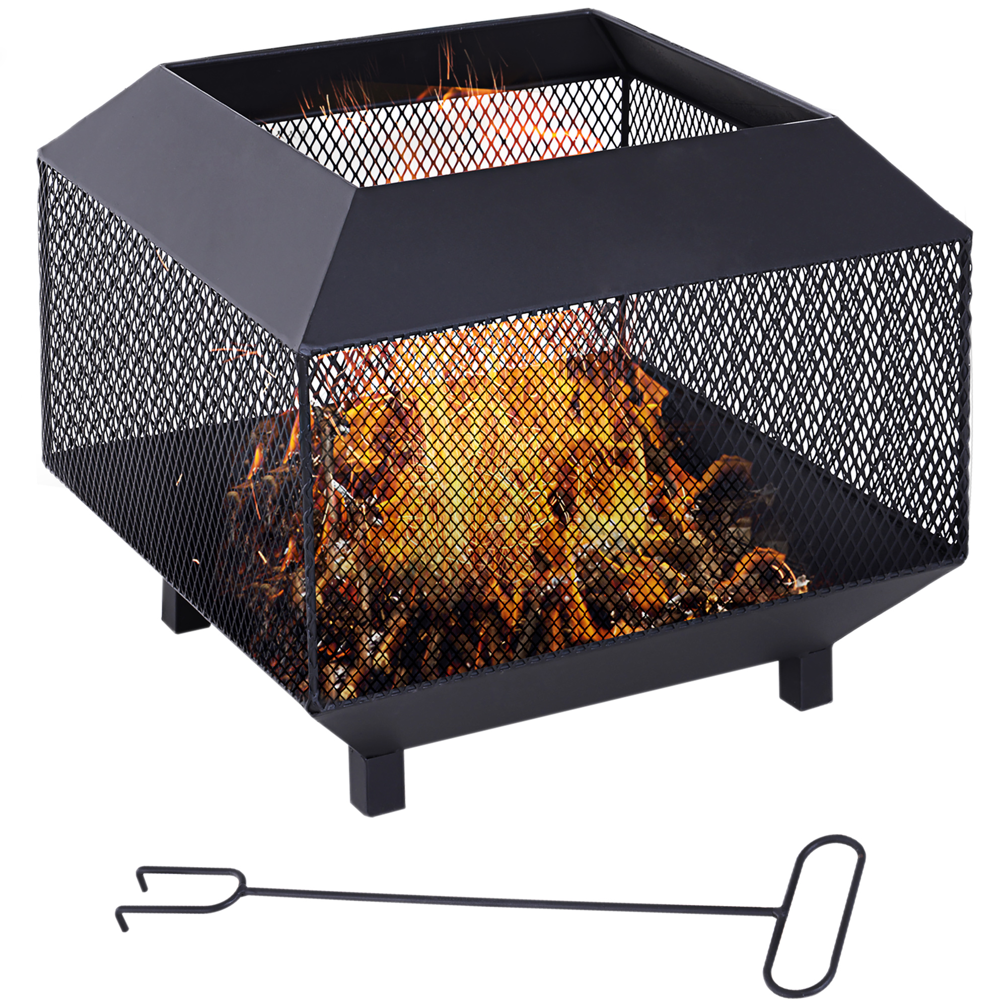 Metal Square Fire Pit Outdoor Mesh Firepit Brazier w/ Lid, Log Grate, Poker for Backyard, Camping, Wood Burning Stove, 44 x 44 x 40cm, Black - Life 